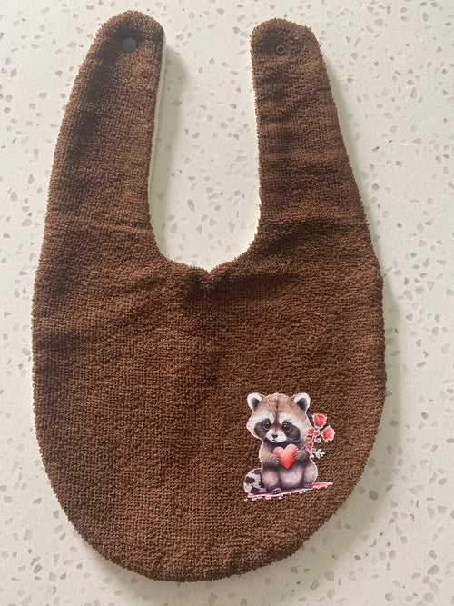 Baby Bandana Bib - Brown Raccoon with Heart Appliqué