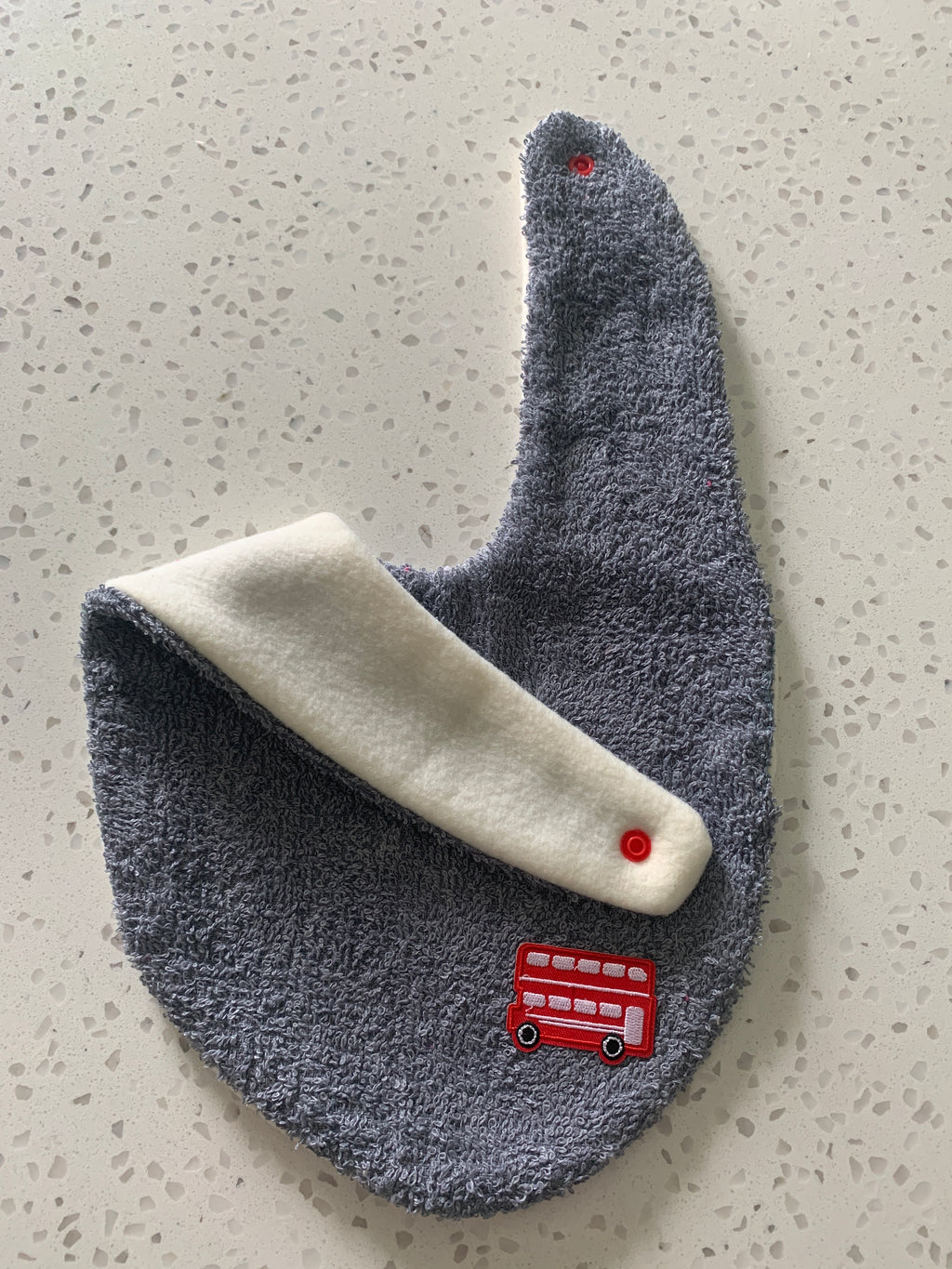 Baby Bandana Bib - Grey Red Double Decker Bus Embroidery