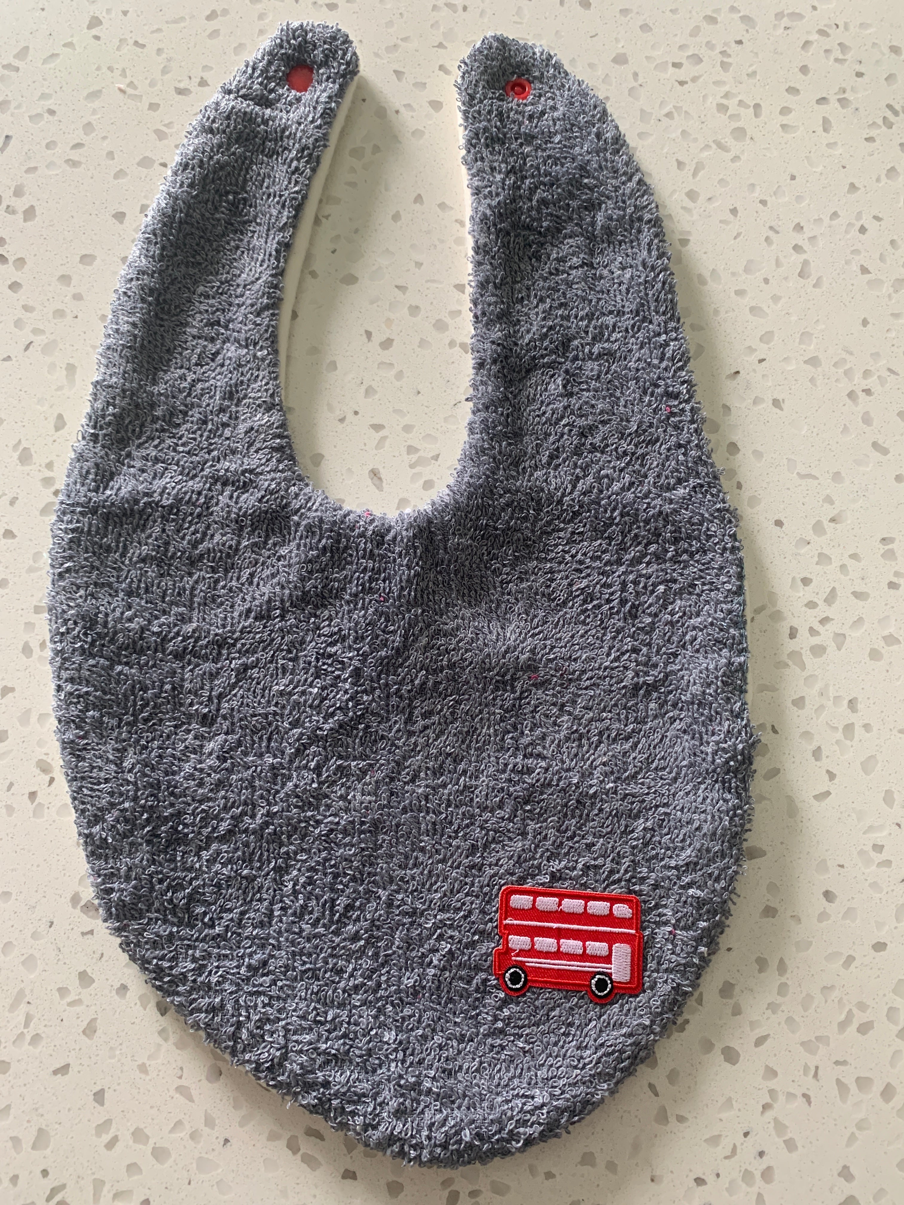 Baby Bandana Bib - Grey Red Double Decker Bus Embroidery