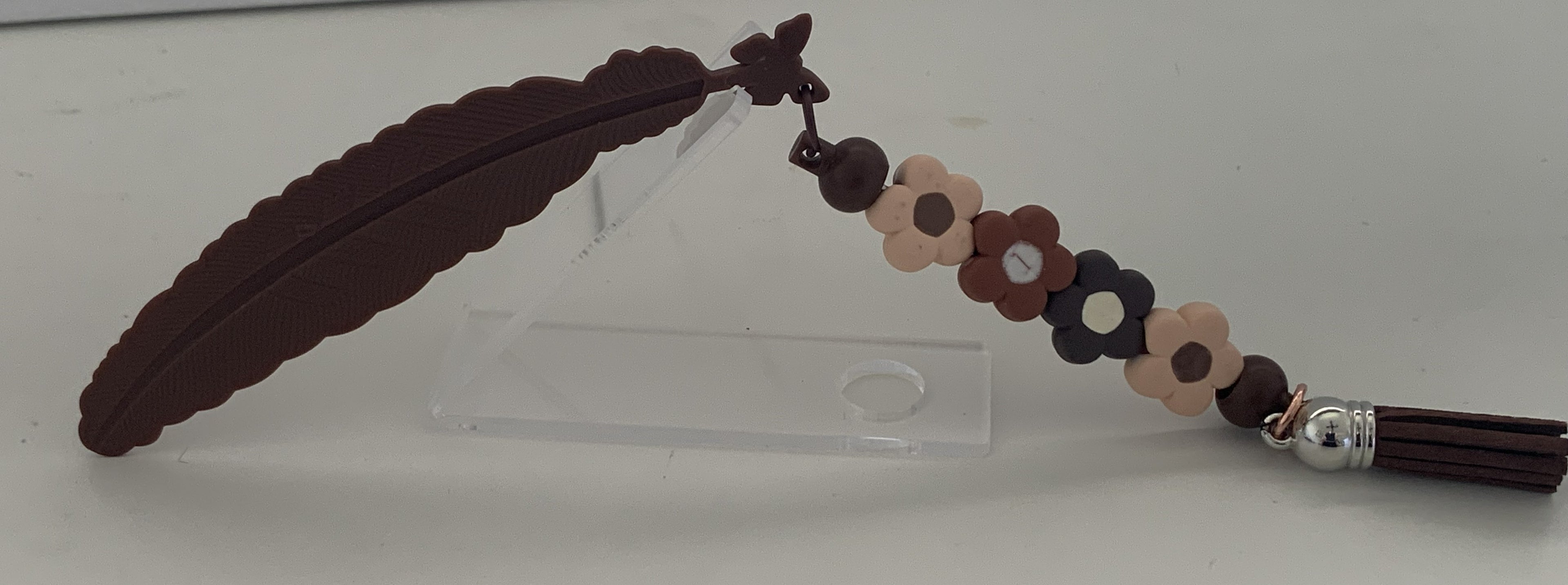 Handmade Feather & Daisy Beaded Bookmark - Brown