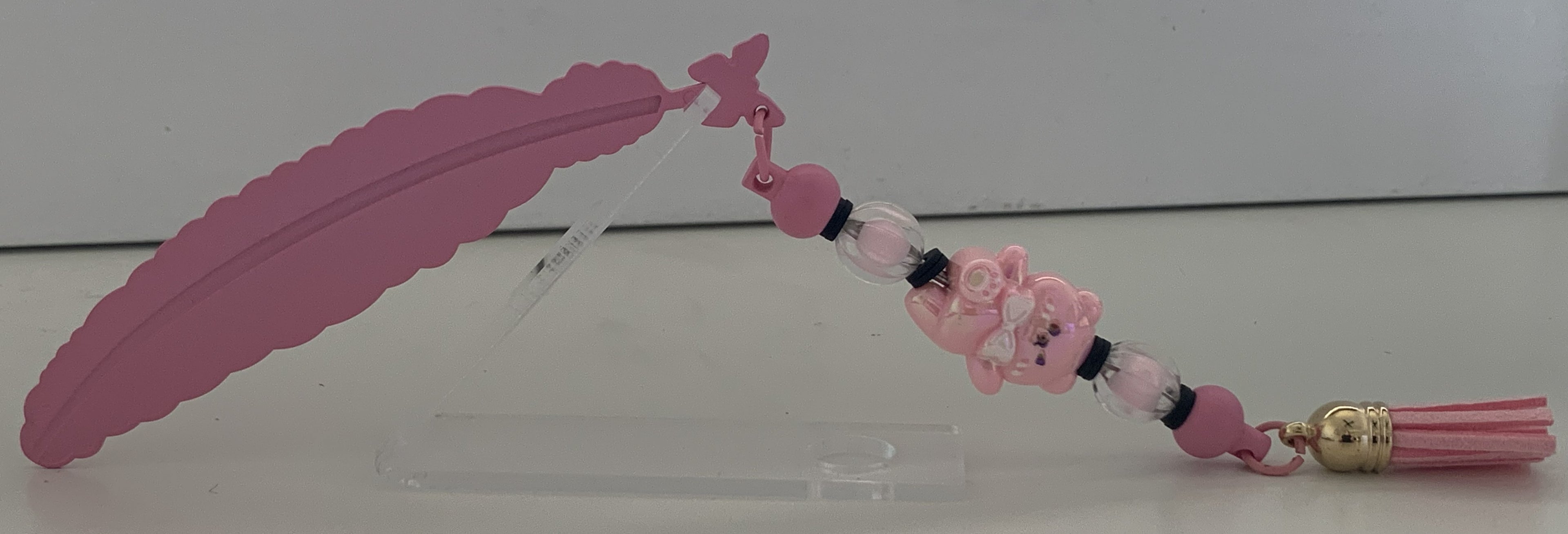 Handmade Feather & Teddy Bear Butterfly Beaded Bookmark - Pink
