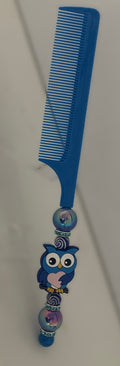 Blue Owl Heart Charm Beaded Rat Tail Comb