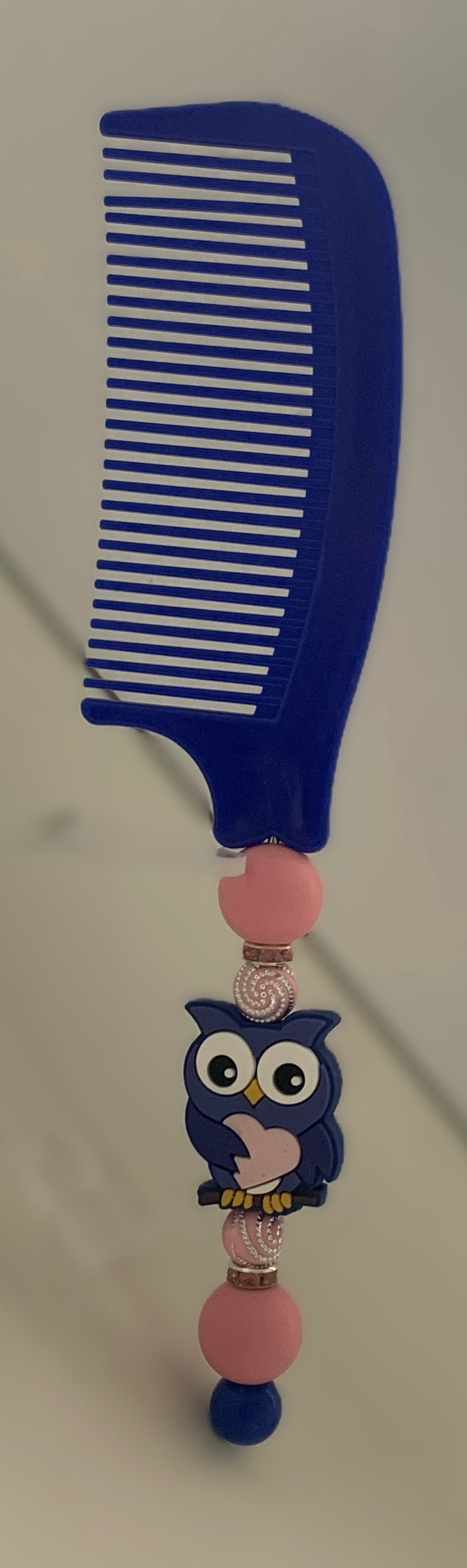 Navy Blue Owl Heart Charm Beaded Comb