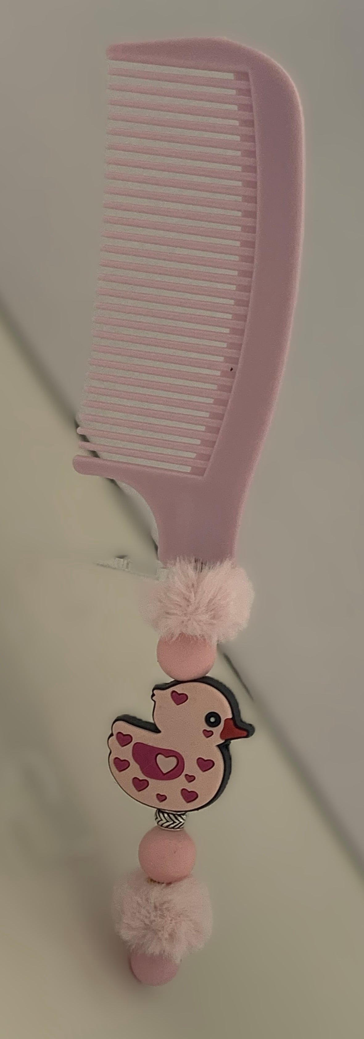 Blush Pink Heart Duck Pom Pom Beaded Comb