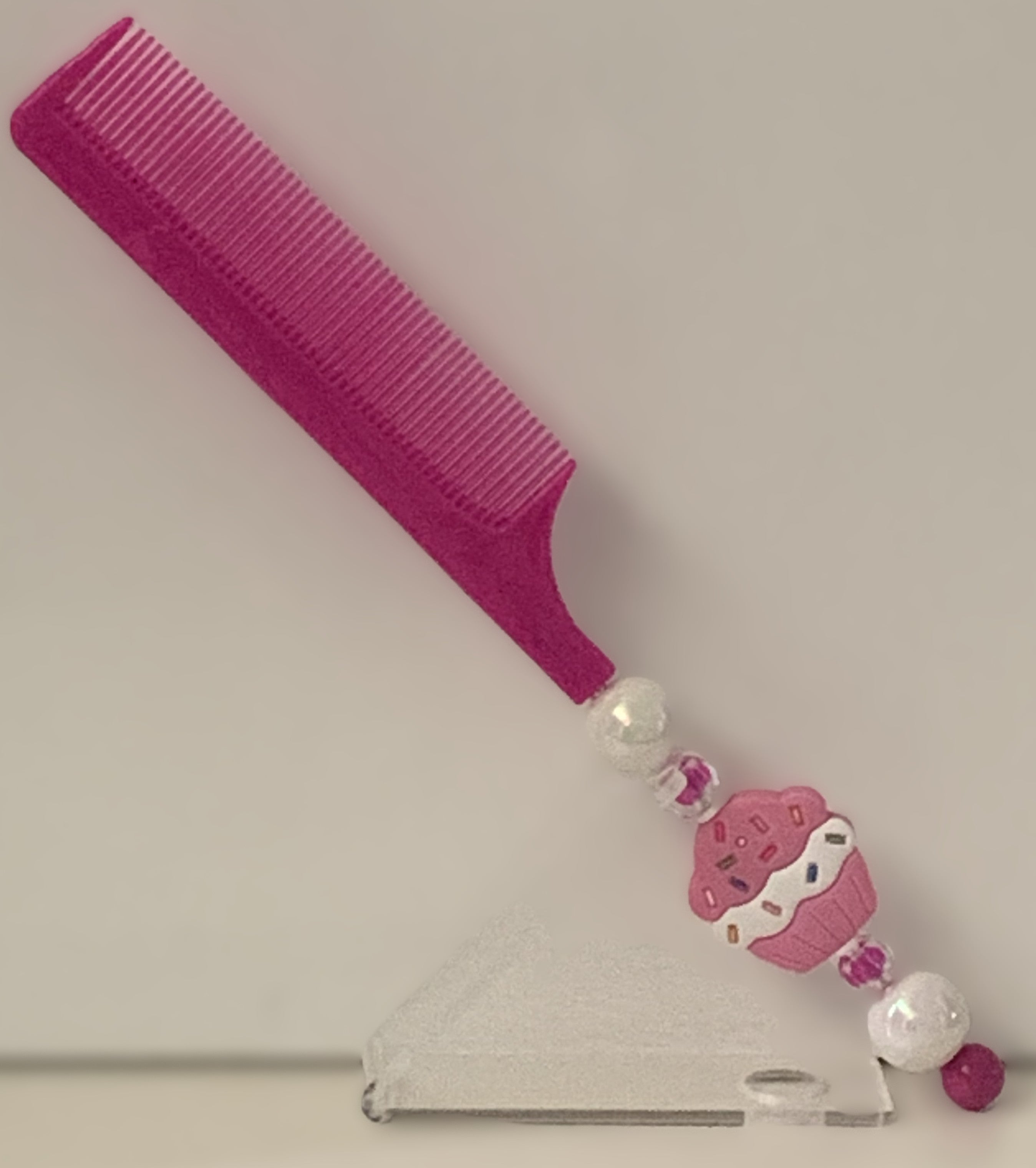 Hot Pink Cupcake Charm Beaded Rat Tail Comb