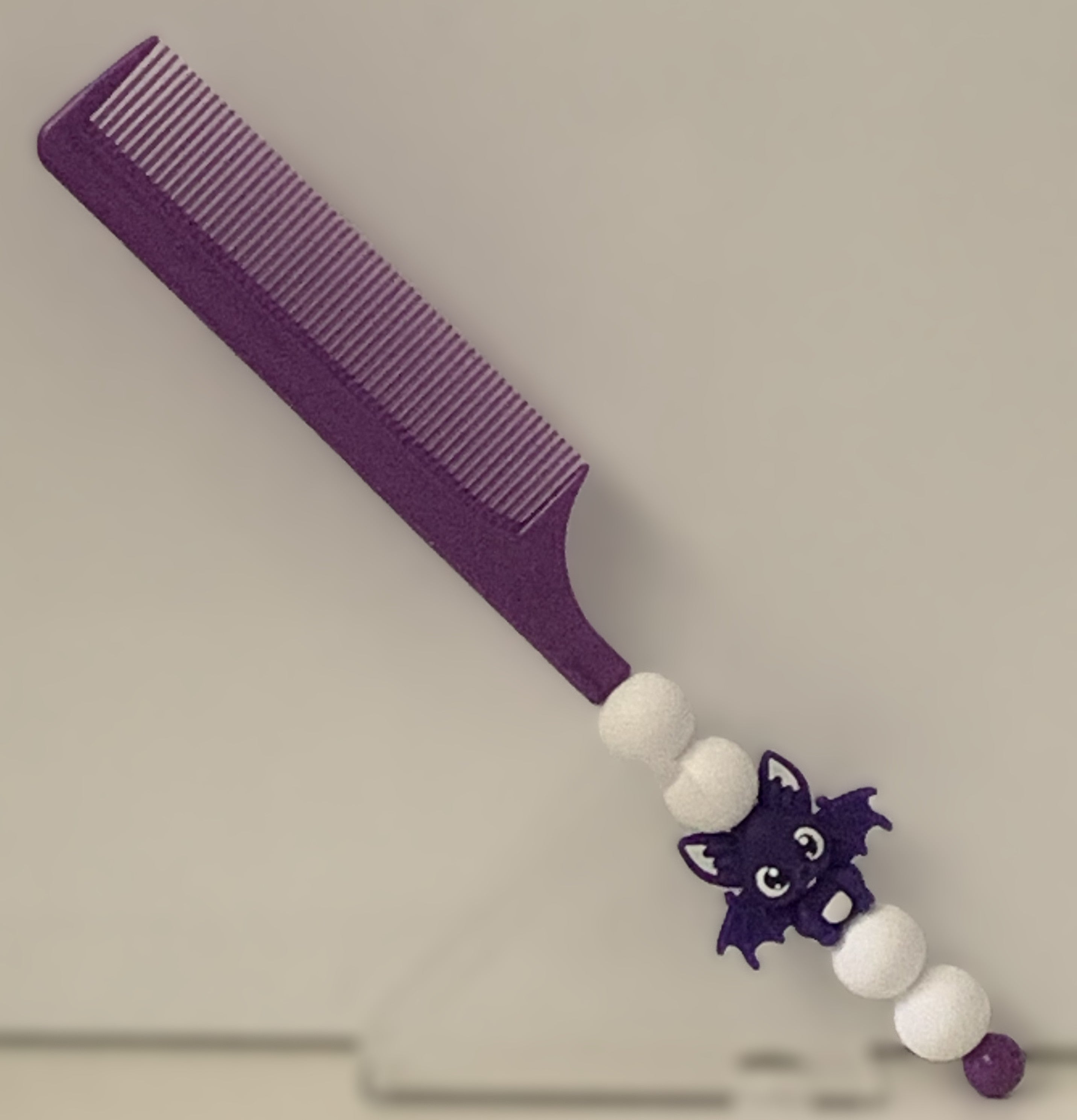 Purple Bat Charm Beaded Rat Tail Comb