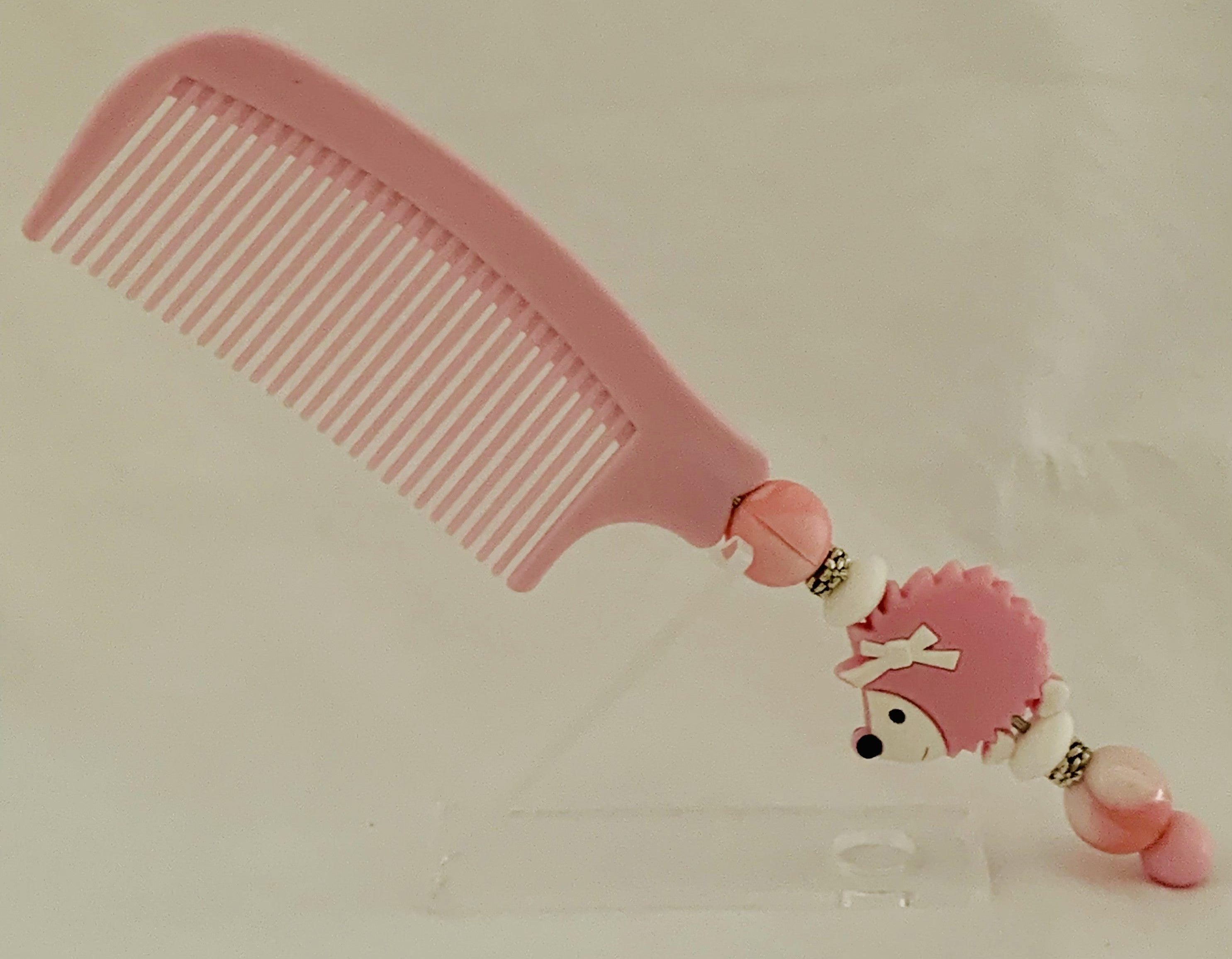 Pink Hedgehog Charm Beaded Wide Tooth Comb