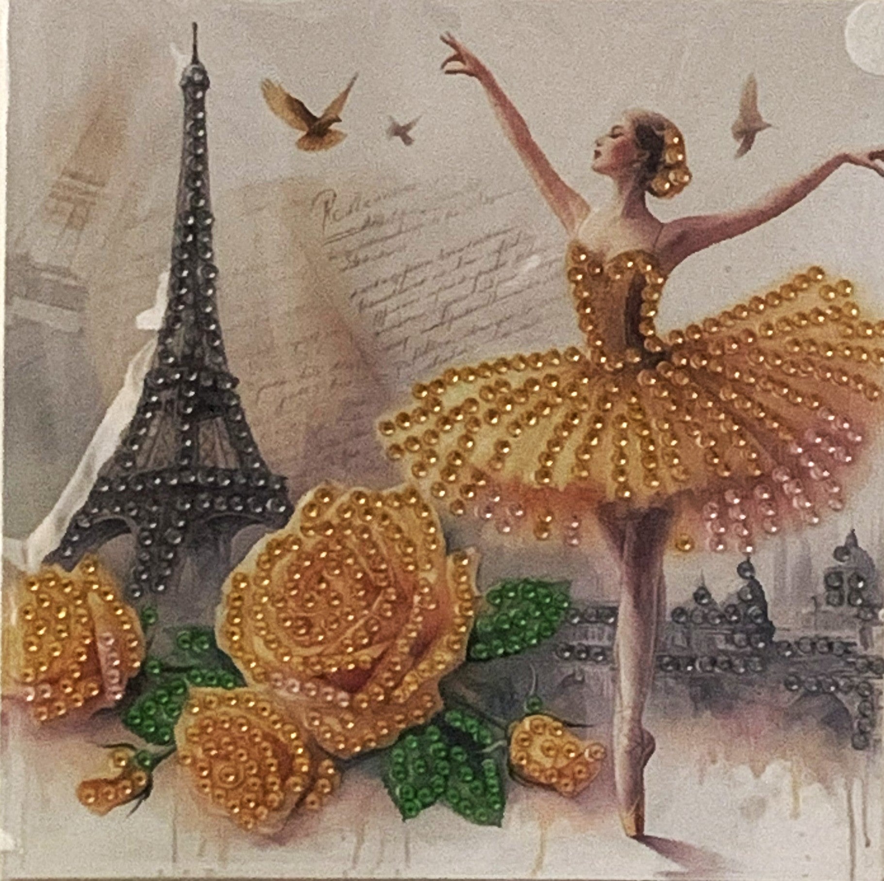 Golden Ballerina & Eiffel Tower Crystal Art Greeting Card