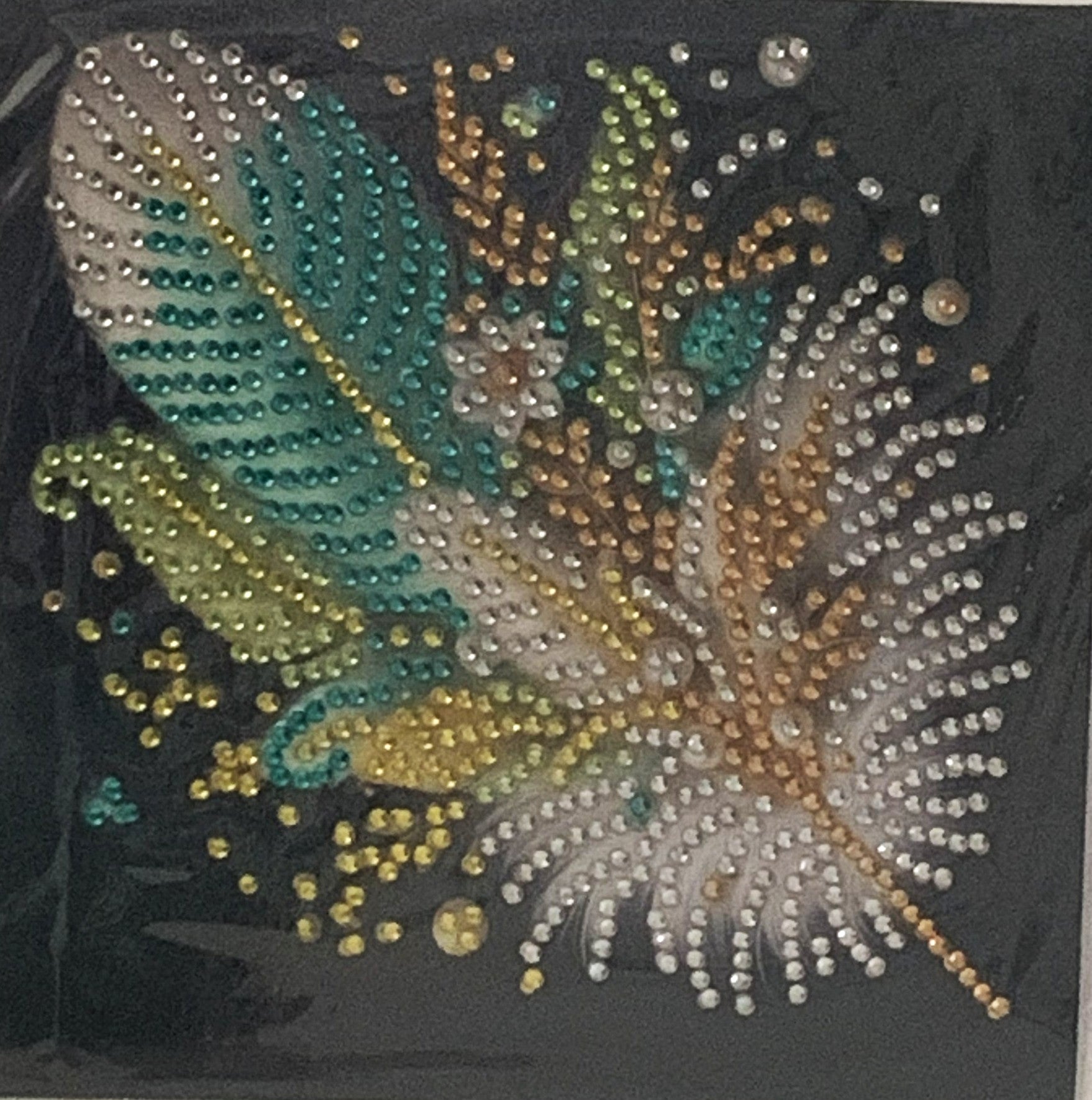 Teal & Gold Jewelled Feather Crystal Art Greeting Card