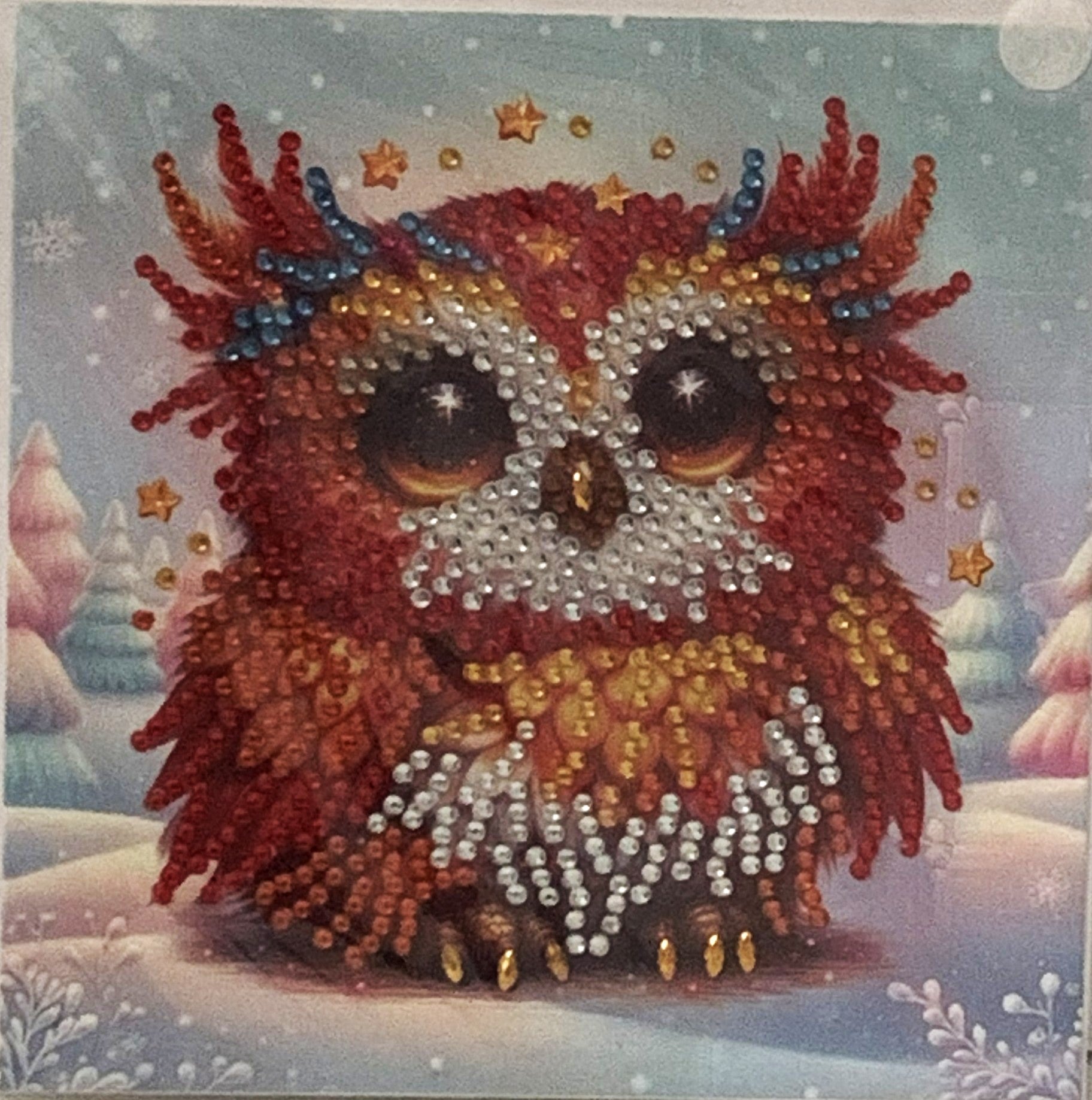 Red Winter Owl Crystal Art Greeting Card
