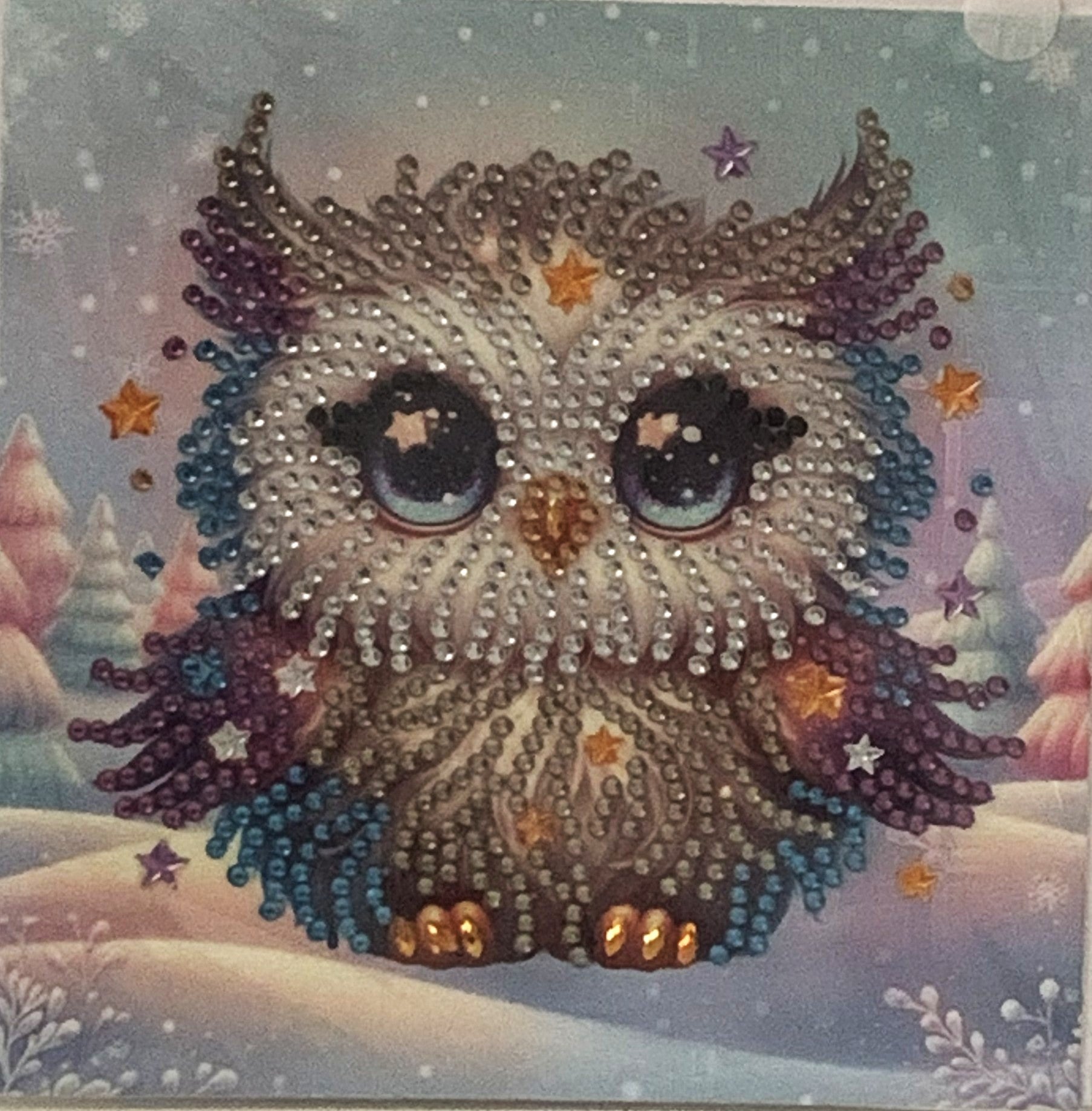 Grey & Purple Winter Owl Crystal Art Greeting Card