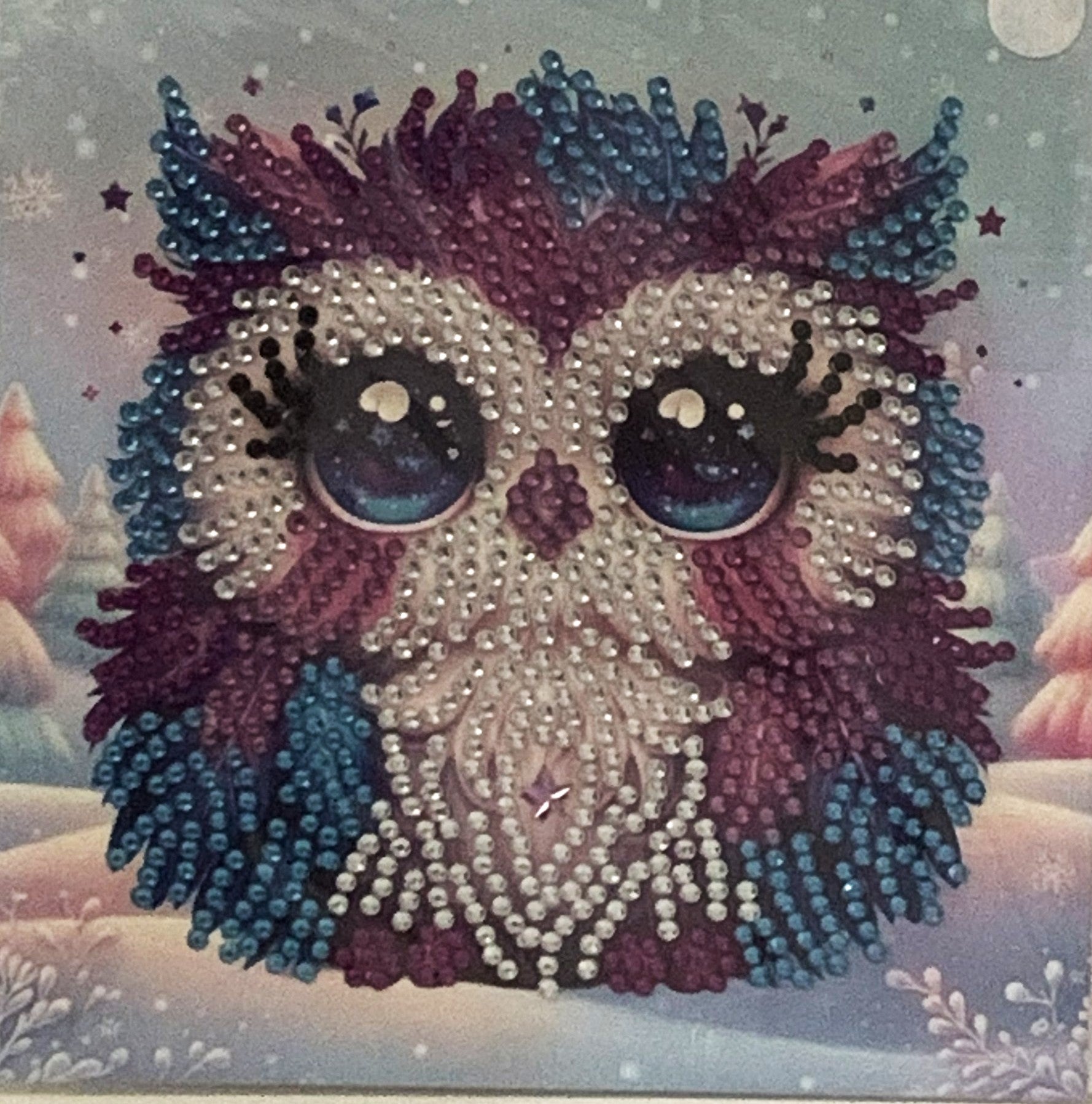 Purple & Teal Lash Owl Crystal Art Greeting Card
