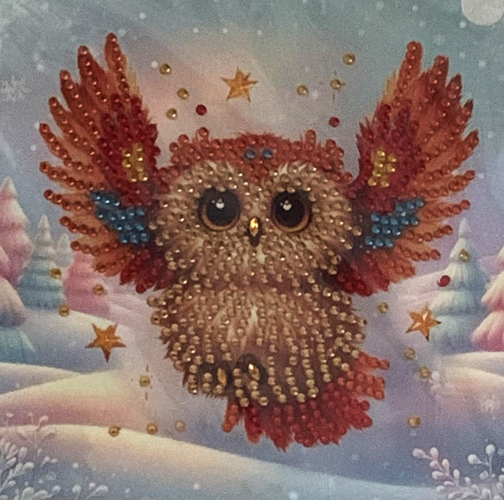 Flying Winter Owl Crystal Art Greeting Card