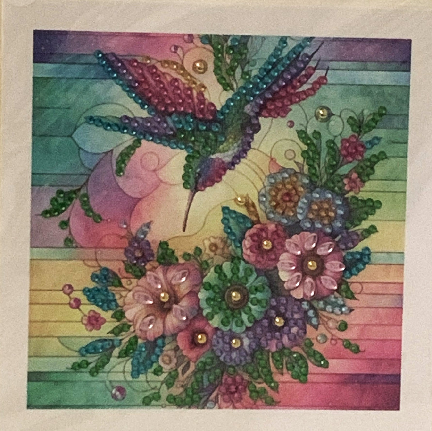 Hummingbird & Blooms Crystal Art Greeting Card