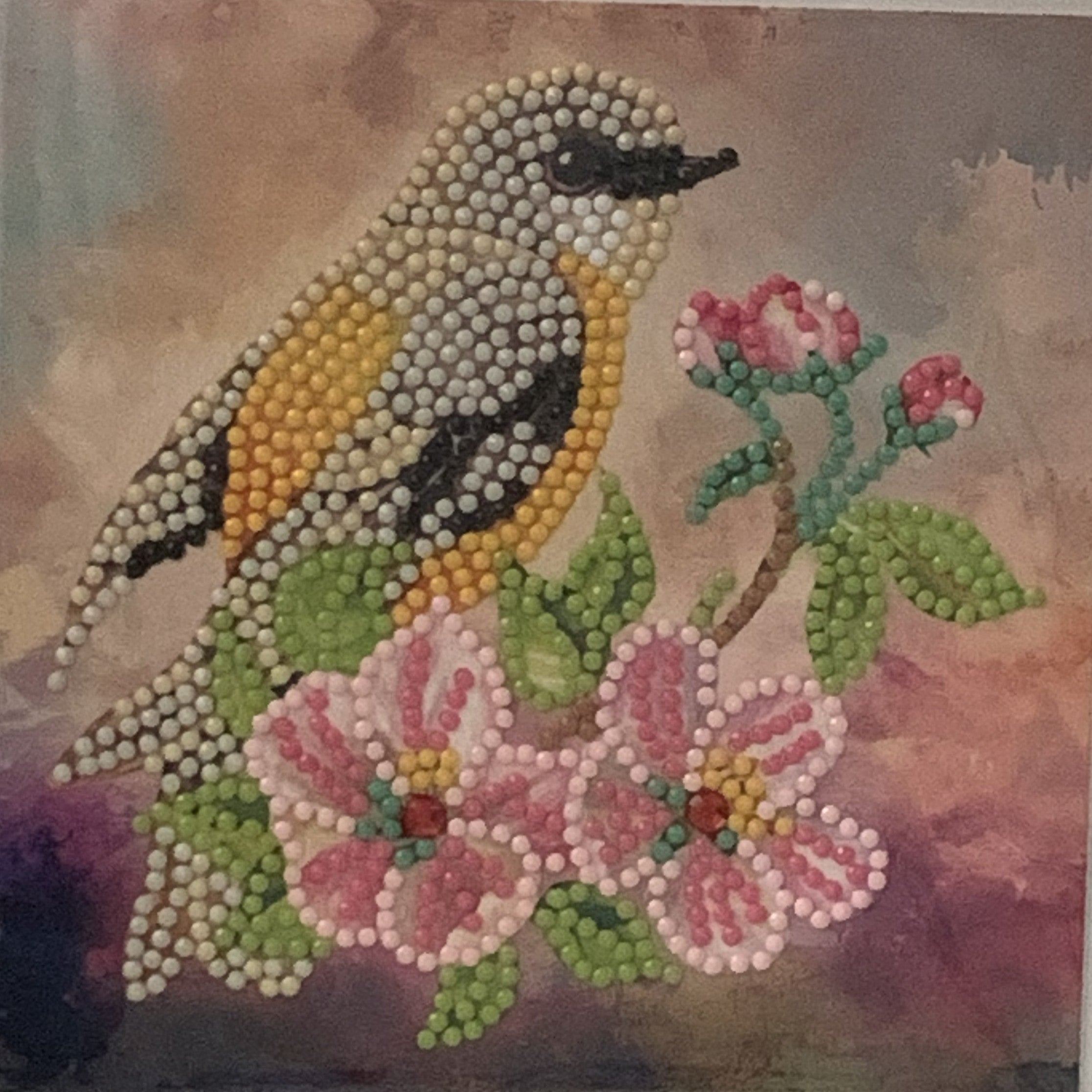 Goldfinch & Pink Blossom Crystal Art Card