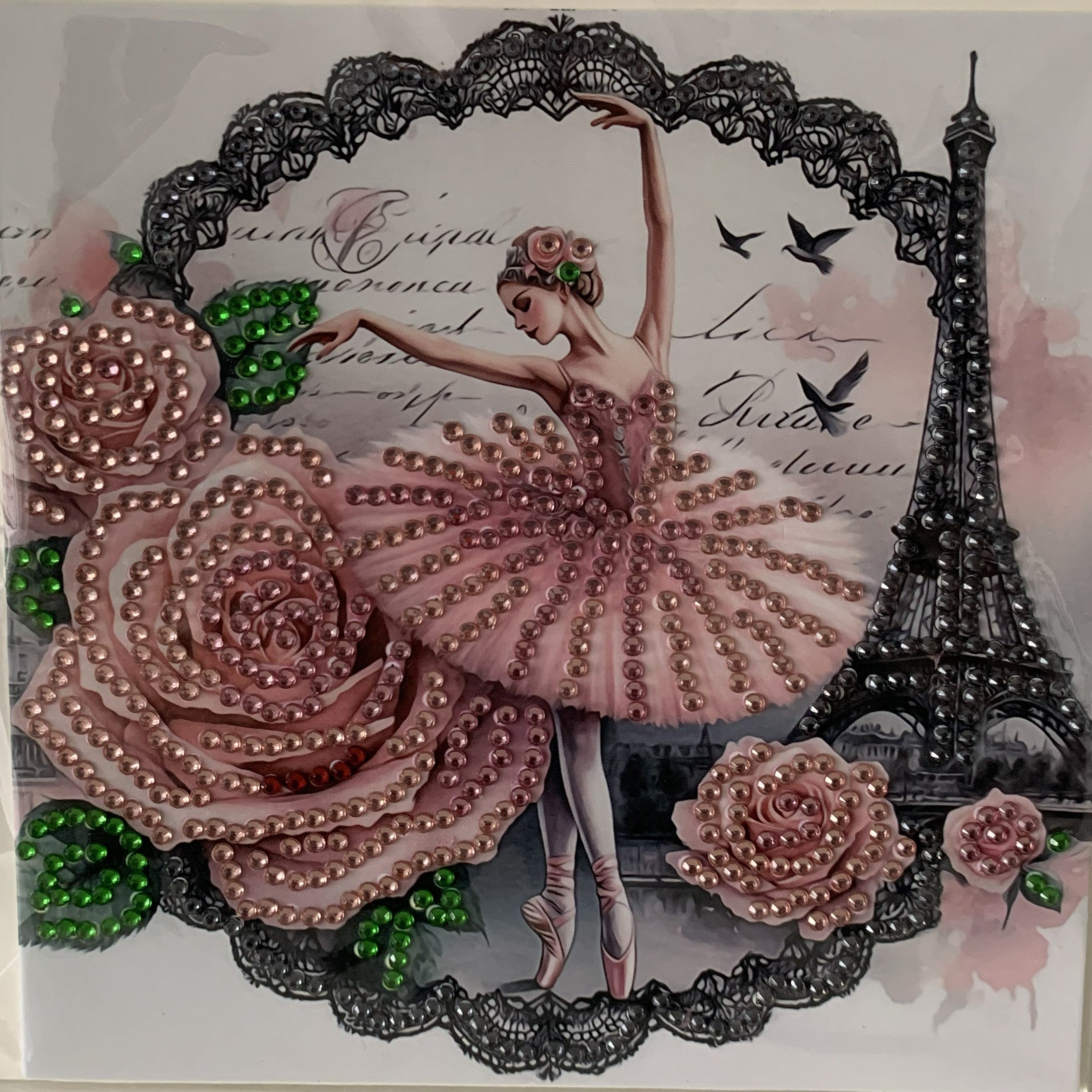 Pink Rose Ballerina Paris Lace Crystal Art Card