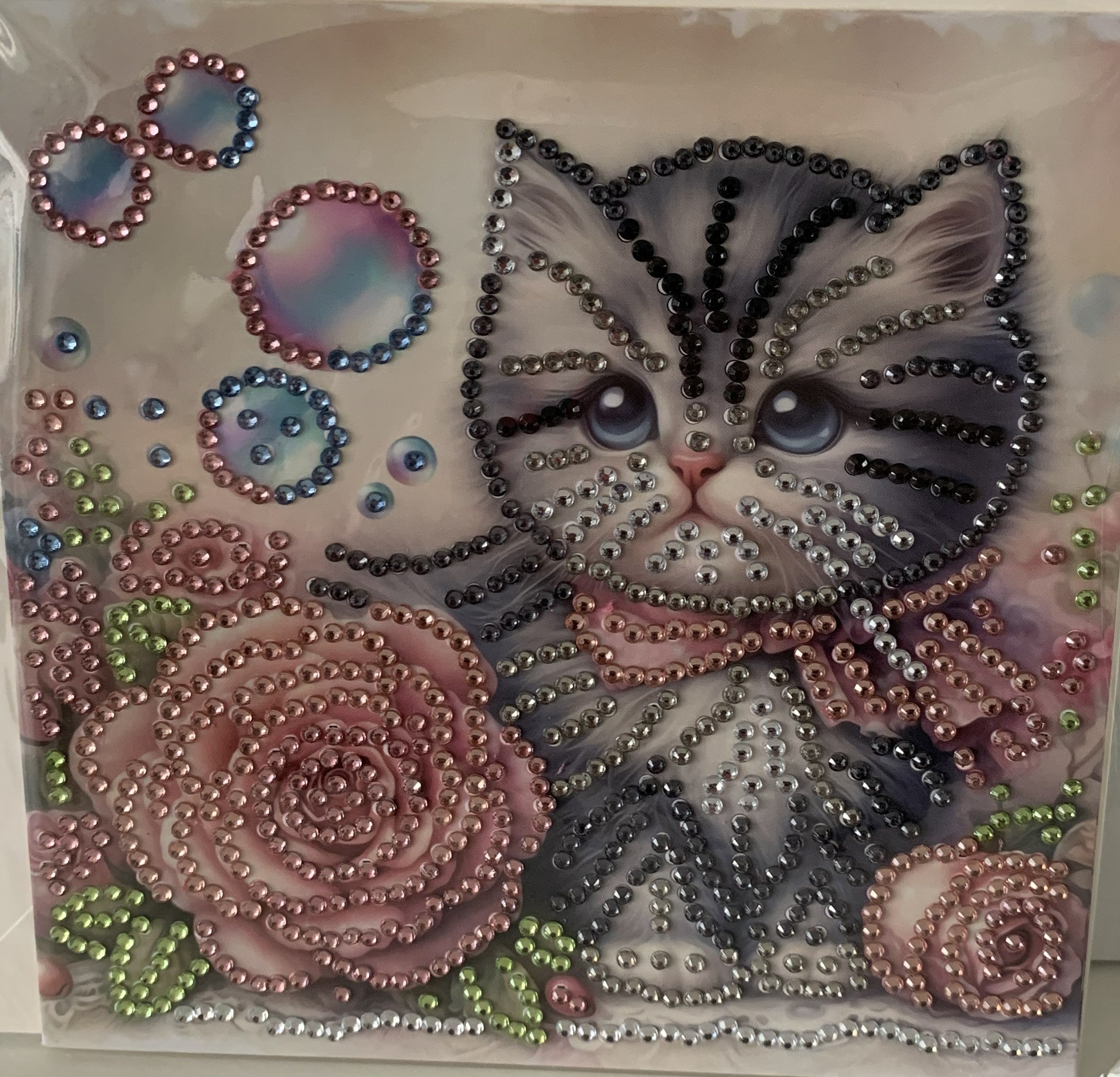 Kitten & Pink Roses Bubble Crystal Art Card