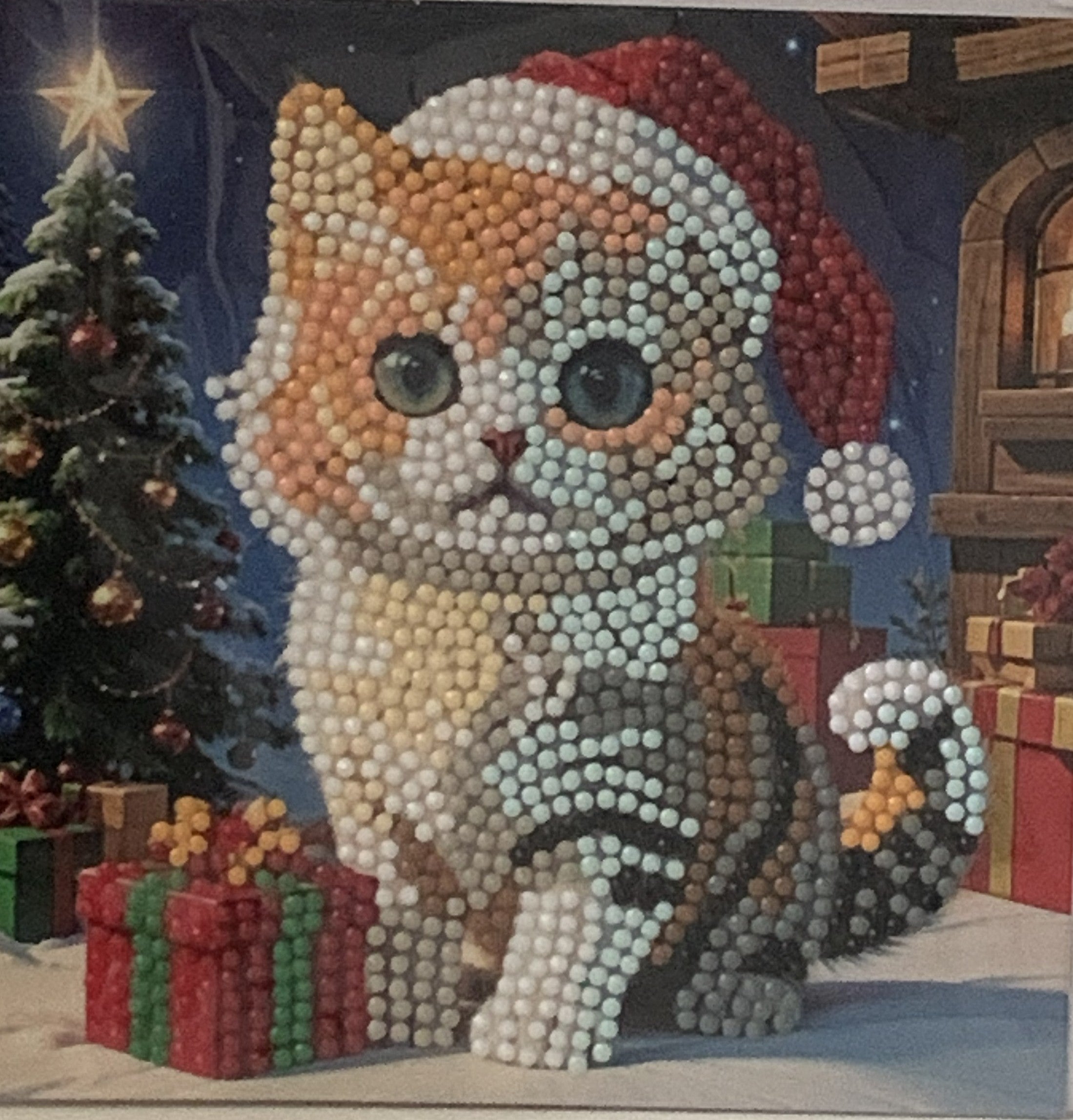 Christmas Kitten Santa Hat Crystal Art Card