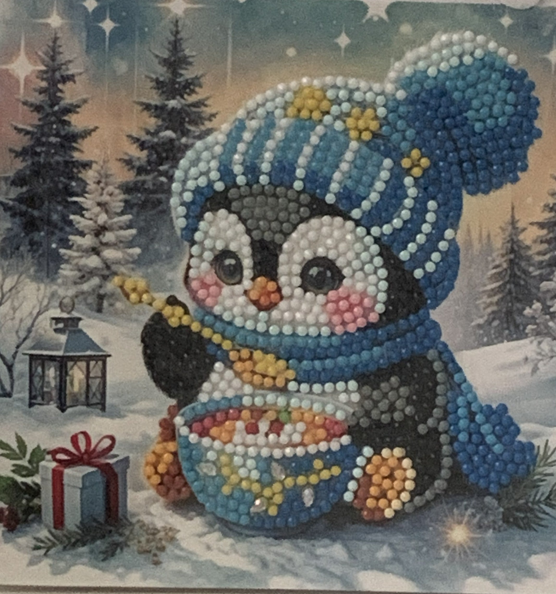 Christmas Penguin Bobble Hat Crystal Art Card