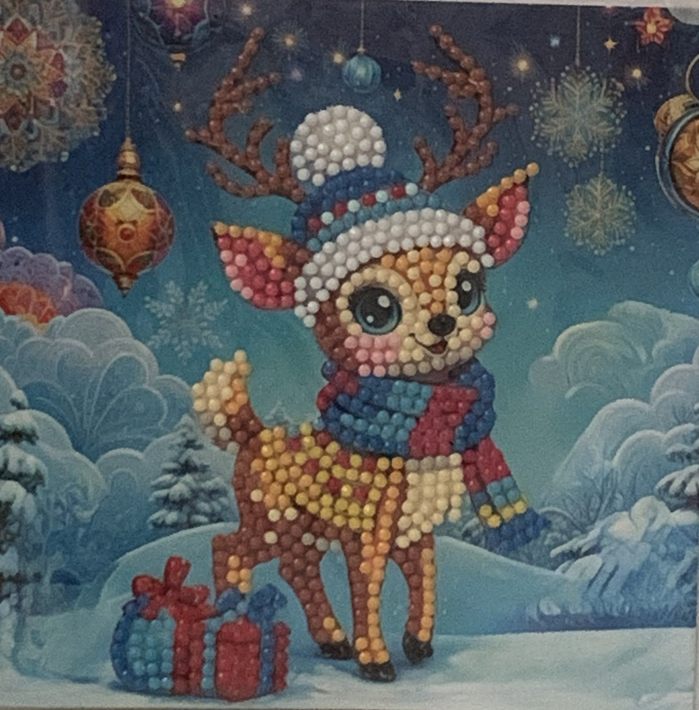 Baby Reindeer Bobble Hat Christmas Crystal Art Card