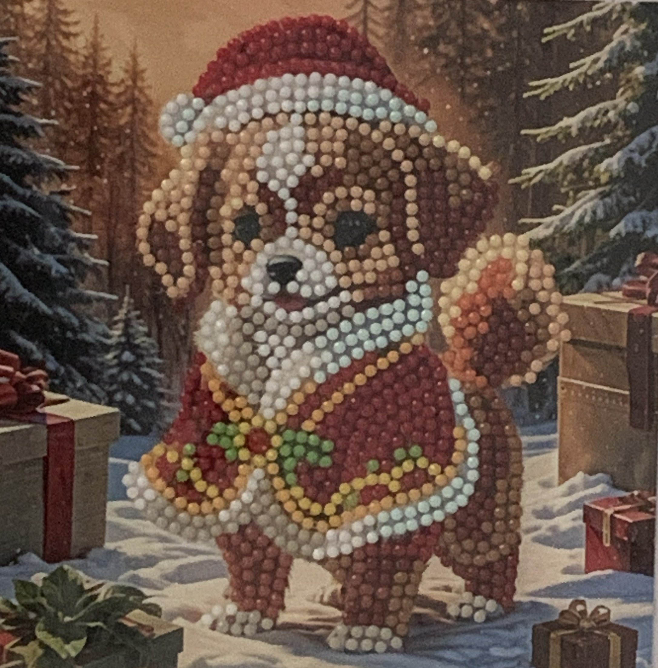 Christmas Puppy Santa Hat Crystal Art Card