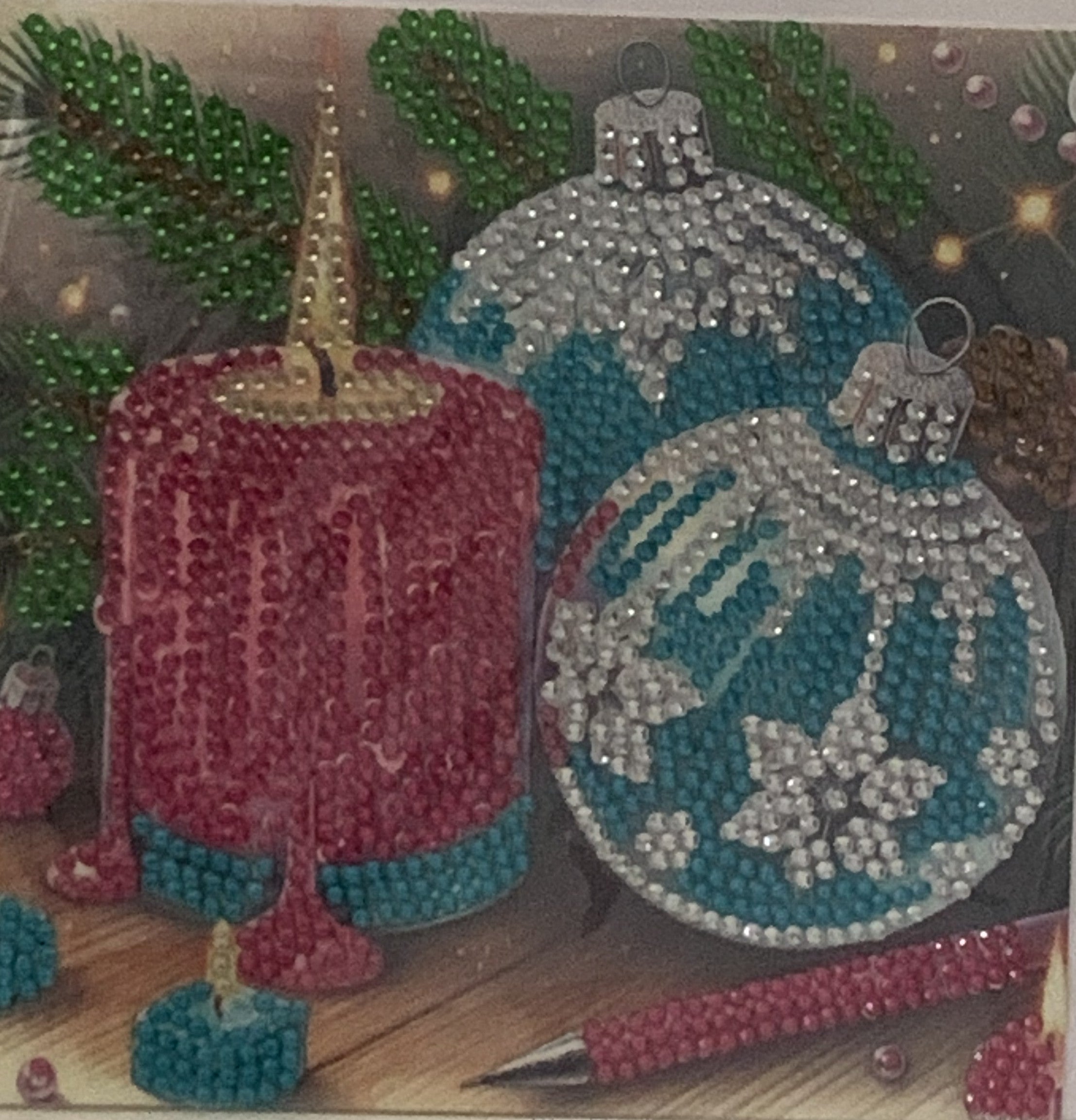 Christmas Candle & Teal Bauble Crystal Art Card