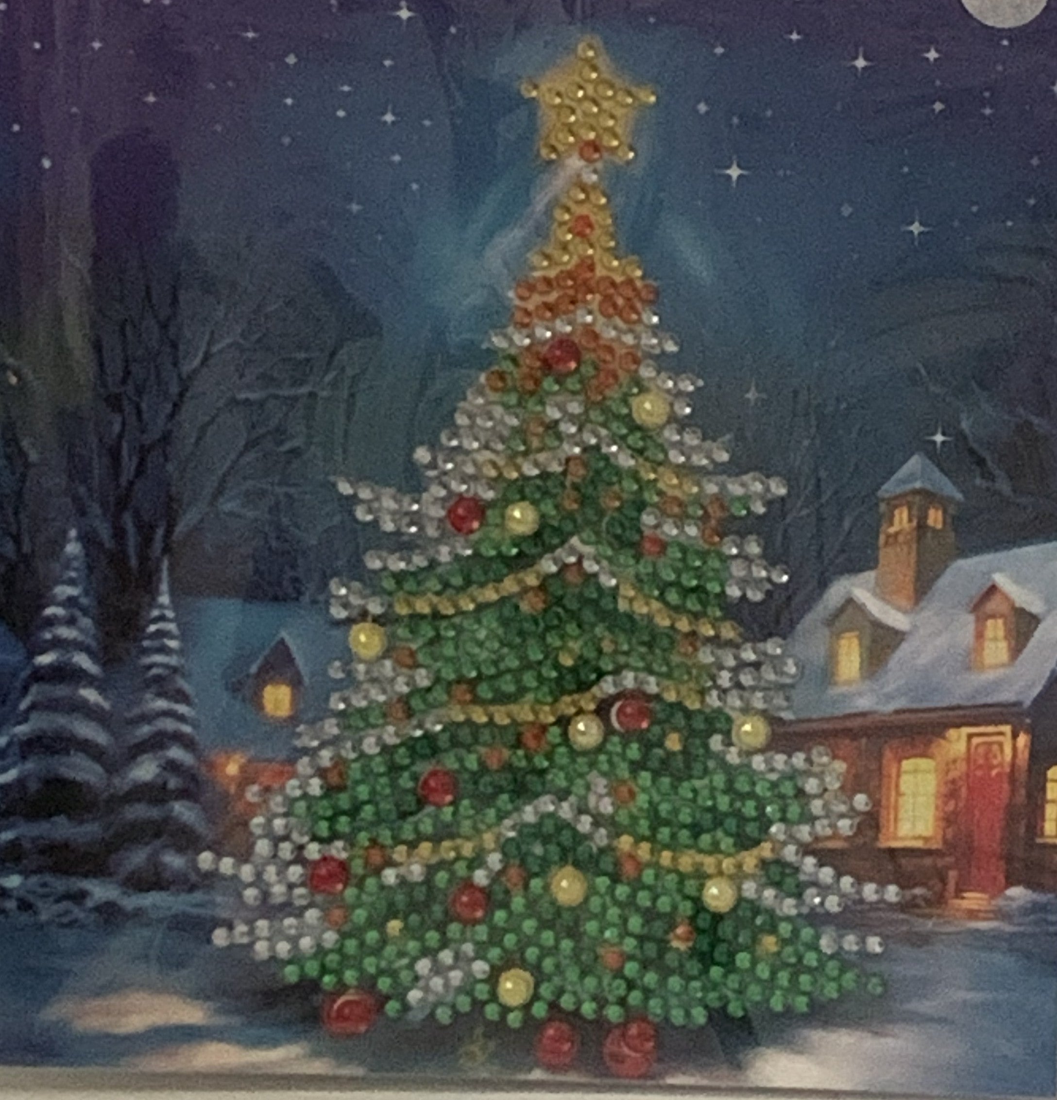 Christmas Tree Winter Village Night Crystal Art Card