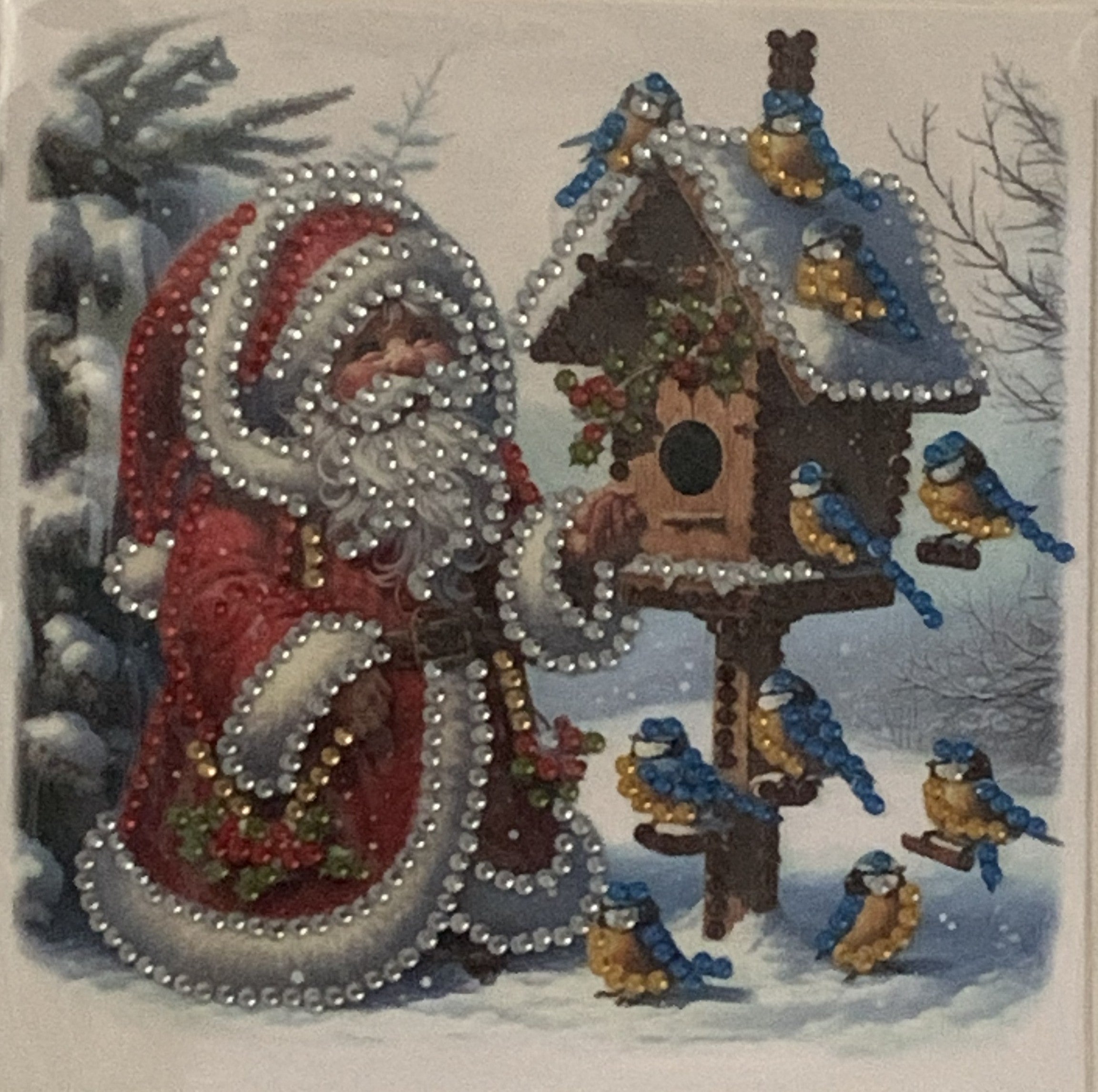 Santa & Blue Tits Birdhouse Winter Crystal Art Card