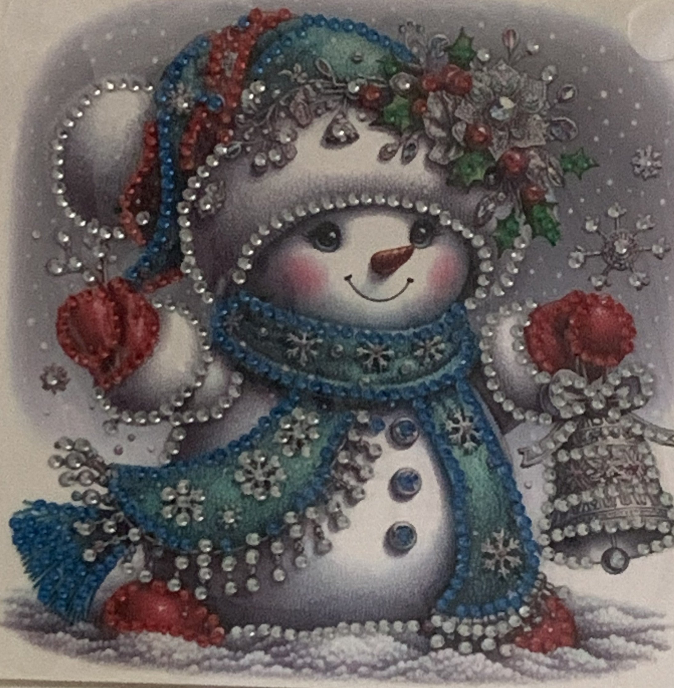 Jingle Bell Snowman Holly Hat Crystal Art Card