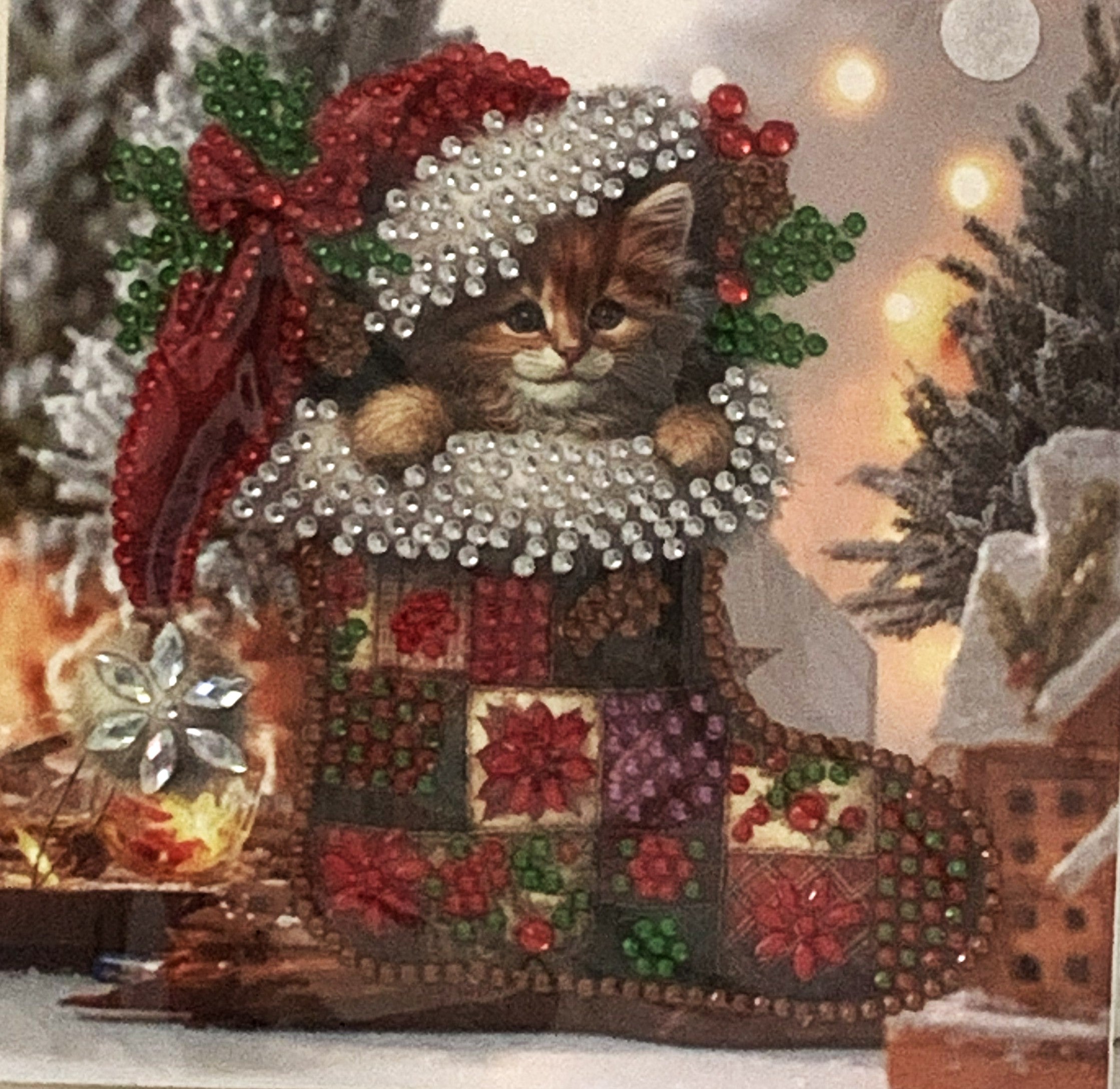 Kitten in Christmas Stocking Crystal Art Card
