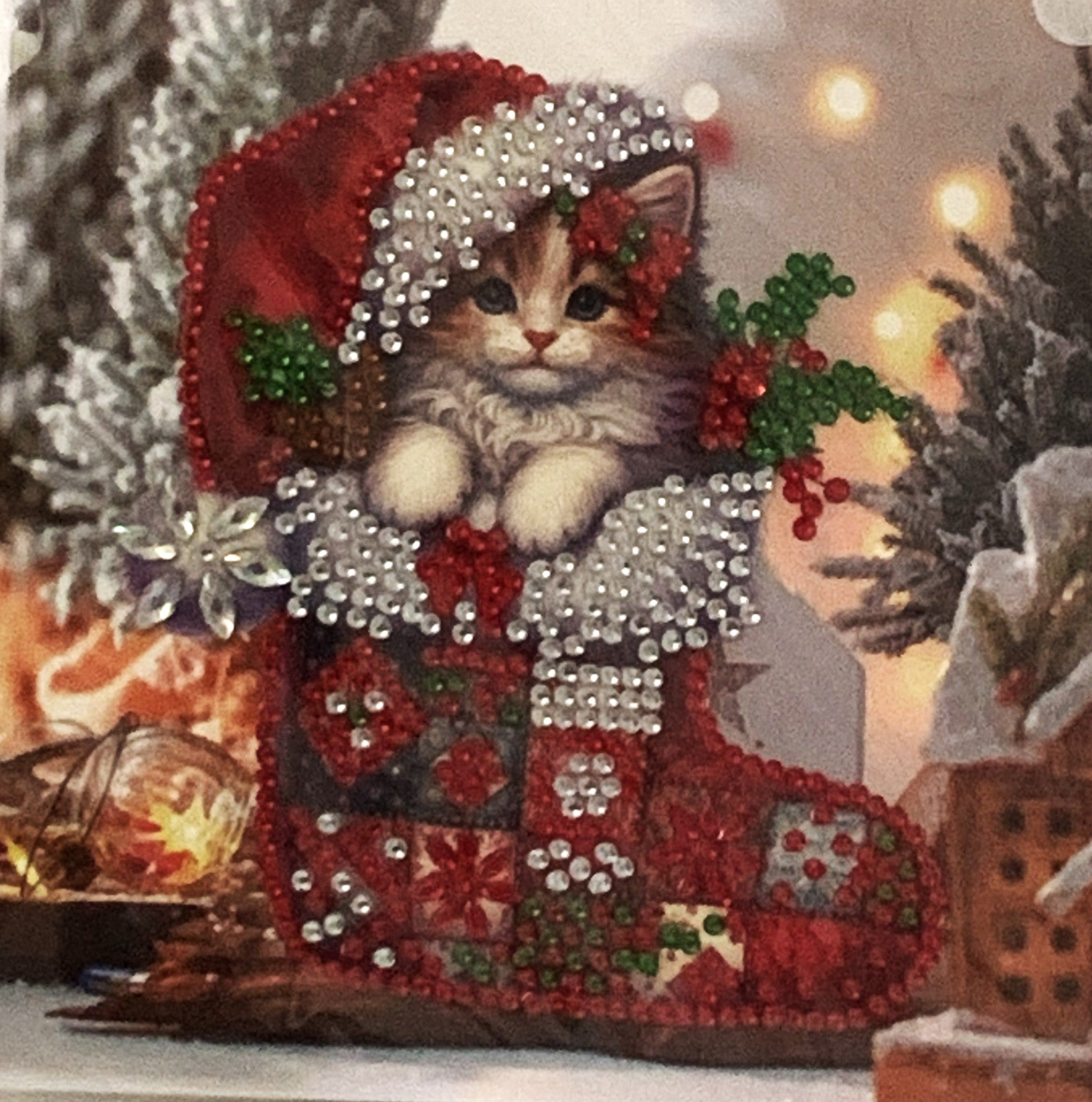 Tabby Kitten Holly Christmas Stocking Crystal Art Card