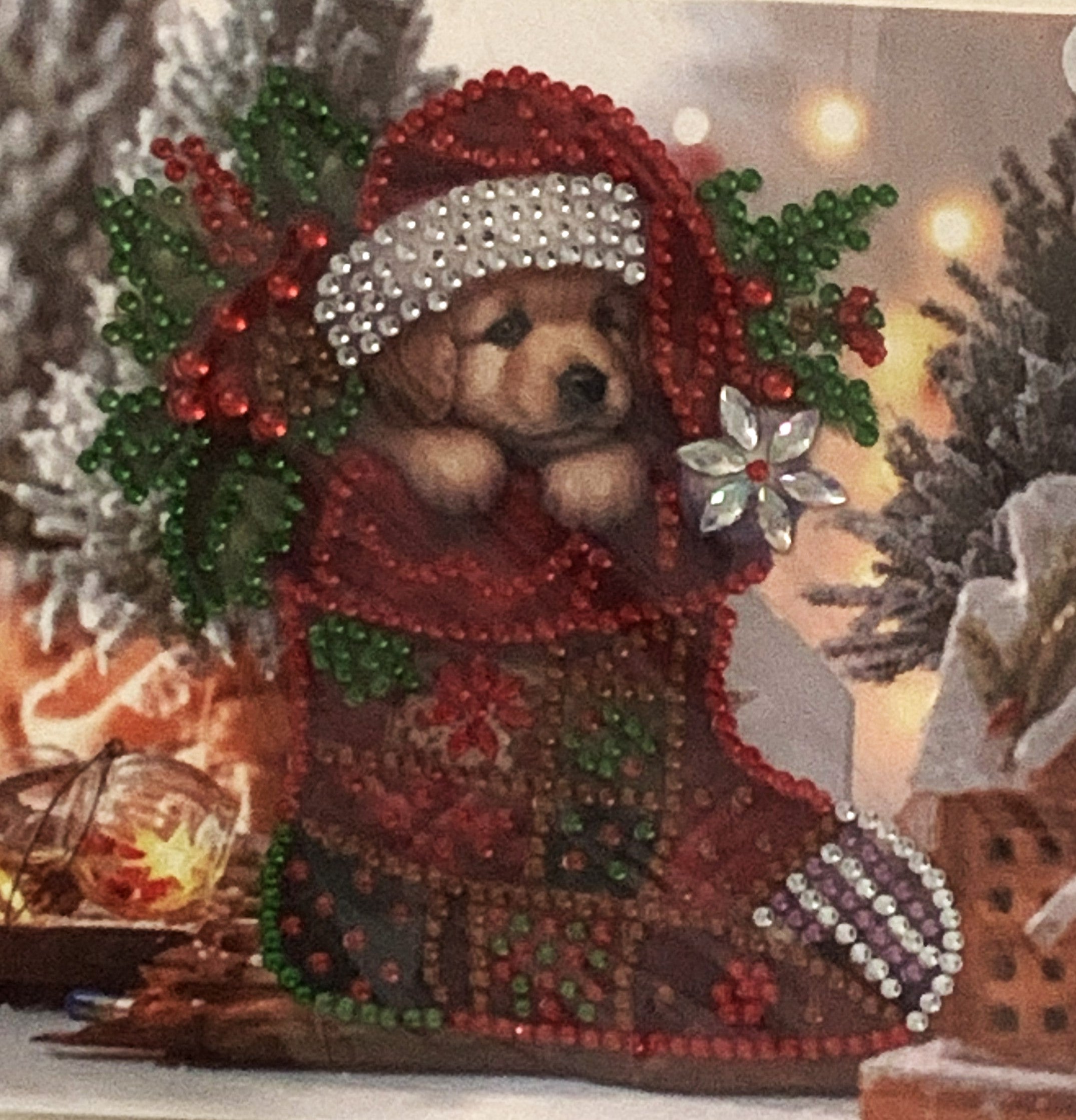 Puppy in Christmas Stocking Crystal Art Card