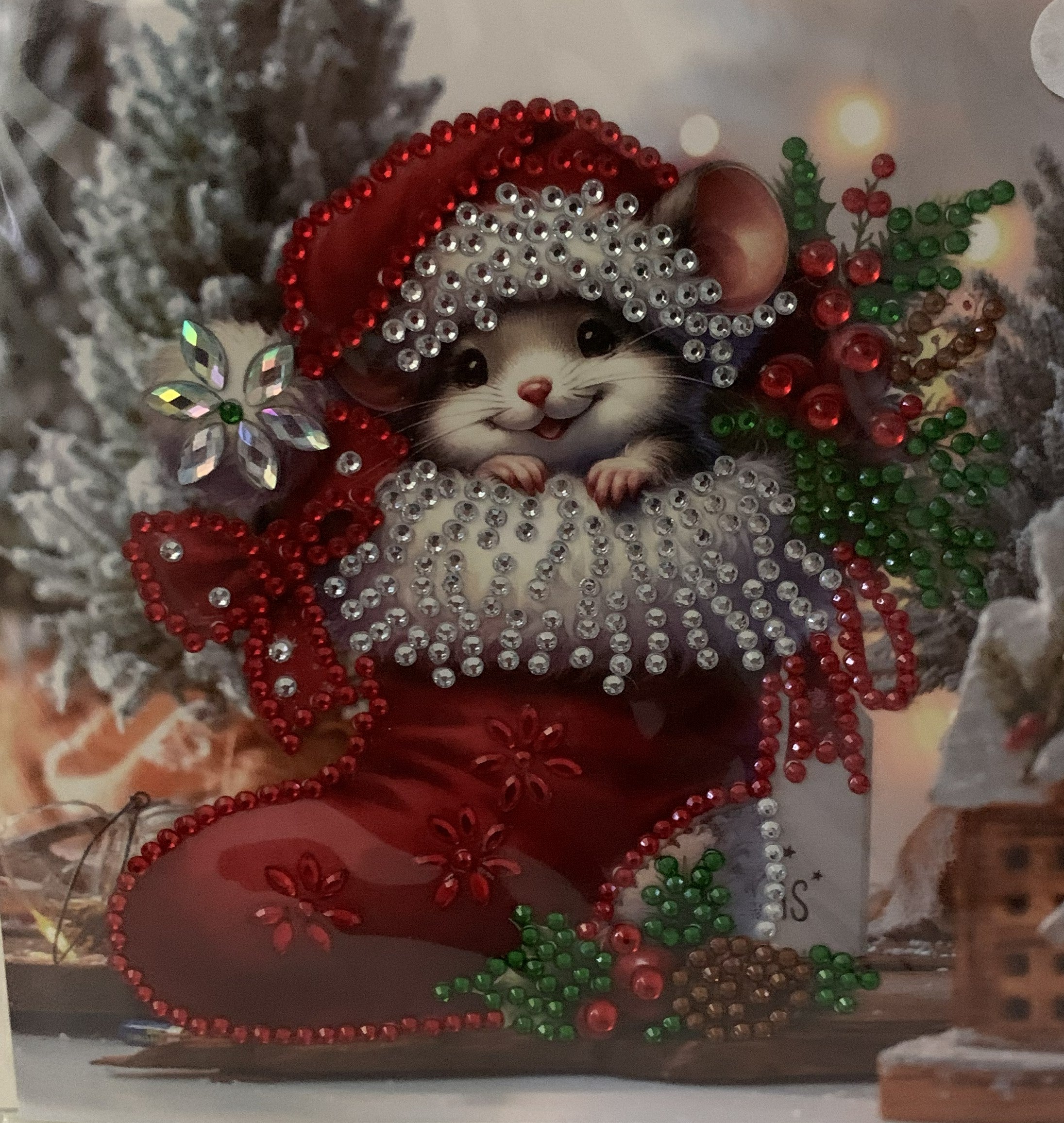 Santa Hat Mouse Christmas Stocking Crystal Art Card