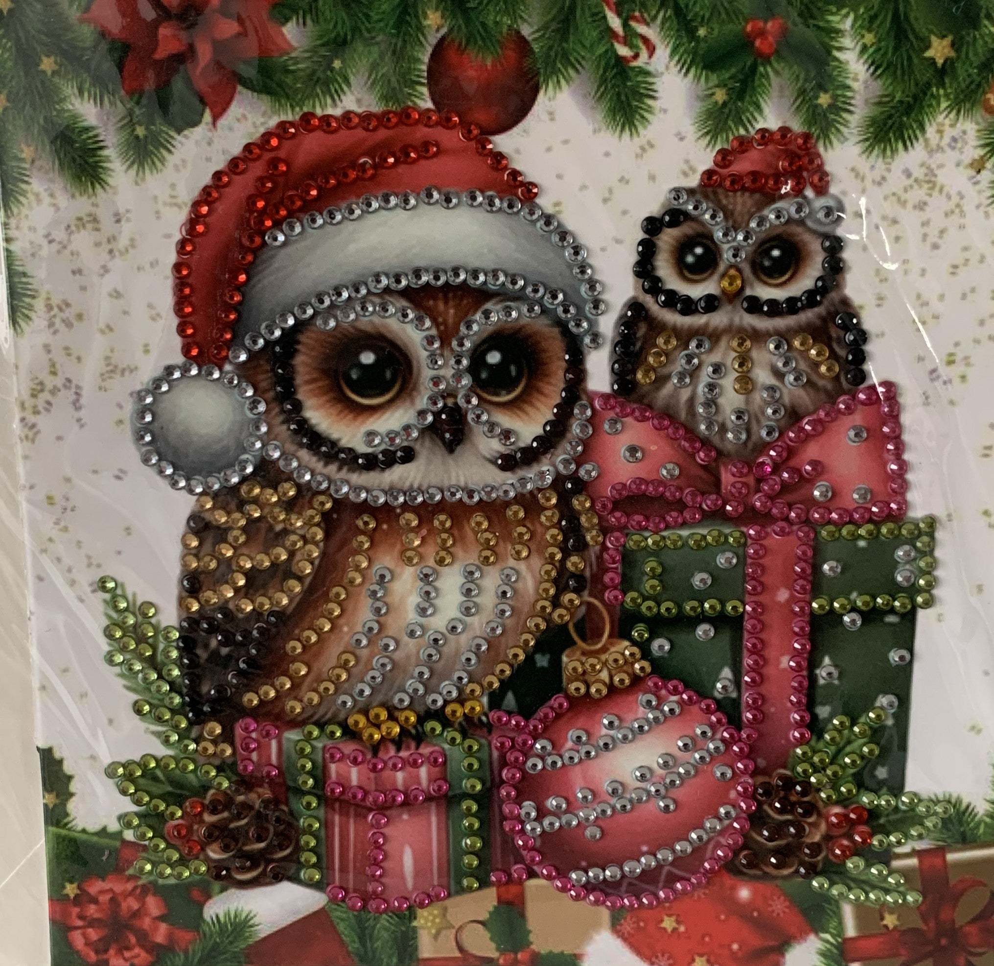 Christmas Owl Pair Santa Hat & Gifts Crystal Art Card