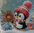 Penguin Pink Bobble Hat Poinsettia Crystal Art Card