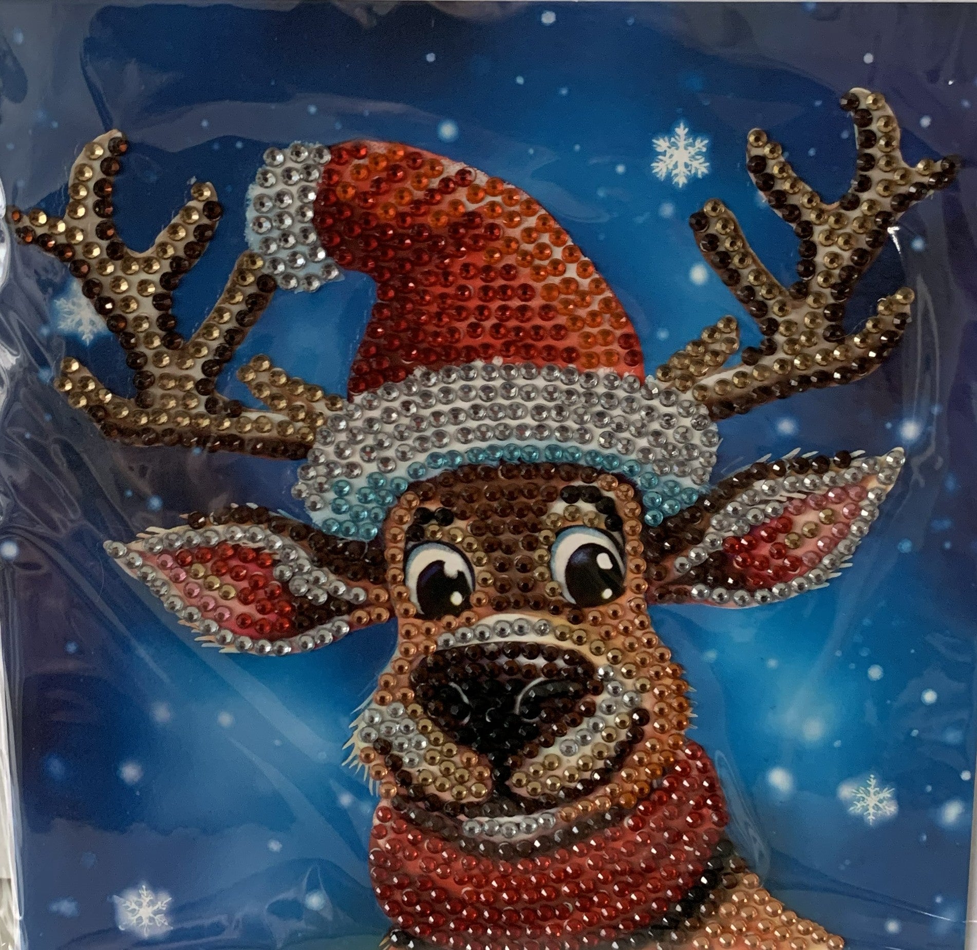 Cheeky Reindeer Santa Hat Starry Night Crystal Art Card