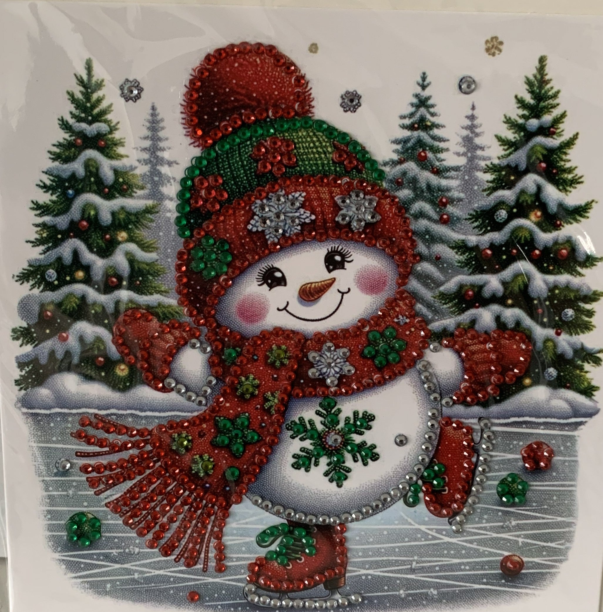 Ice Skating Snowman Red Scarf Crystal Art Card