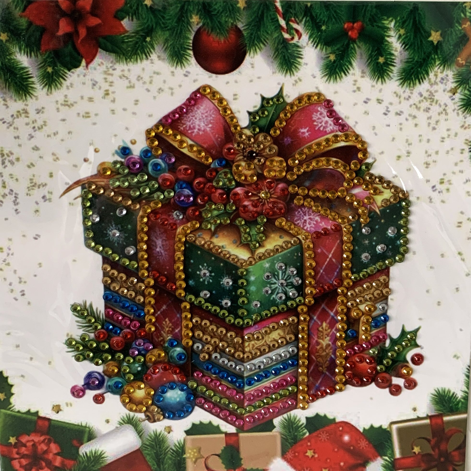 Jewelled Christmas Gift Box Holly Bow Crystal Art Card