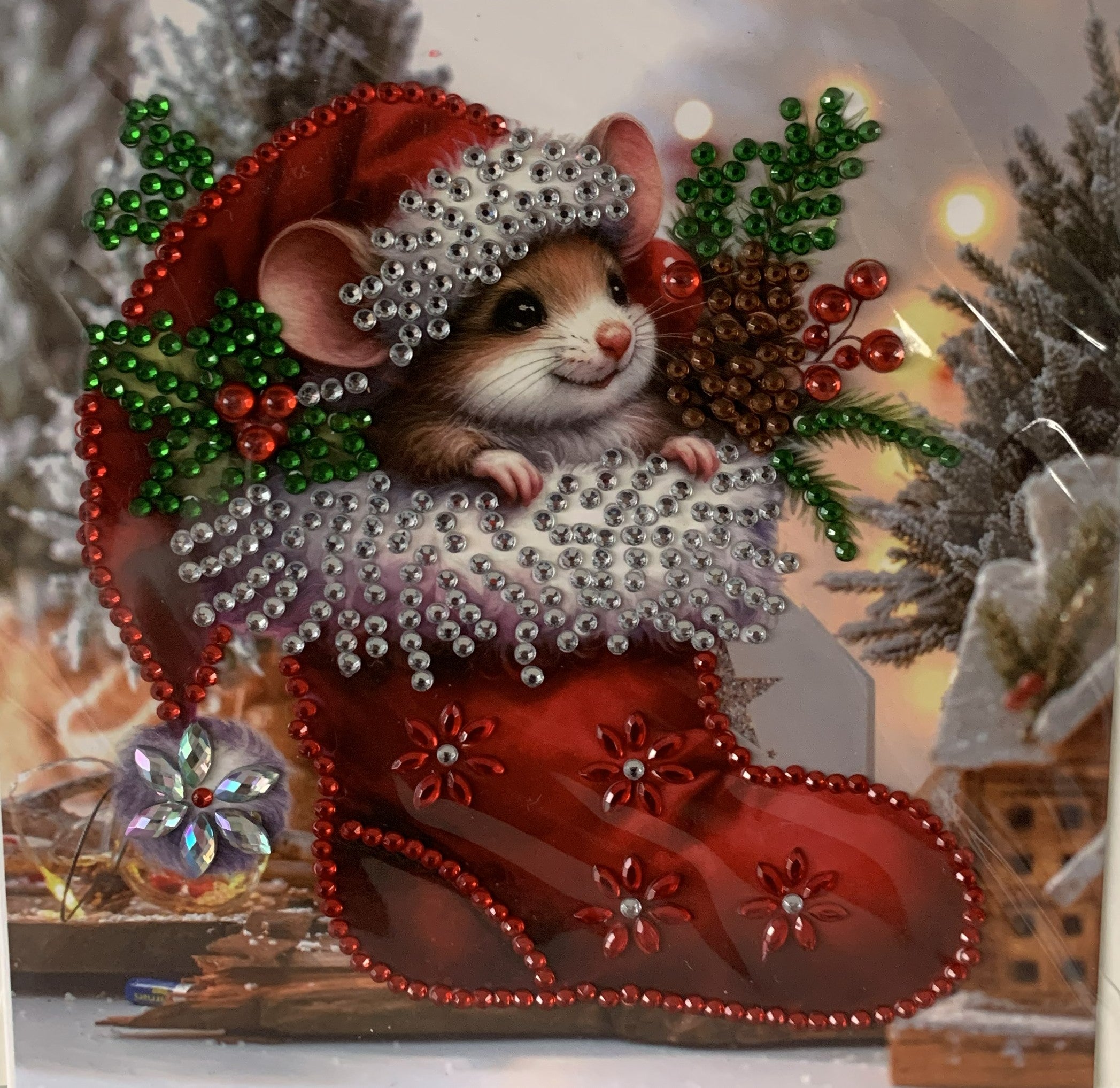 Mouse in Red Christmas Boot Stocking Crystal Art Card