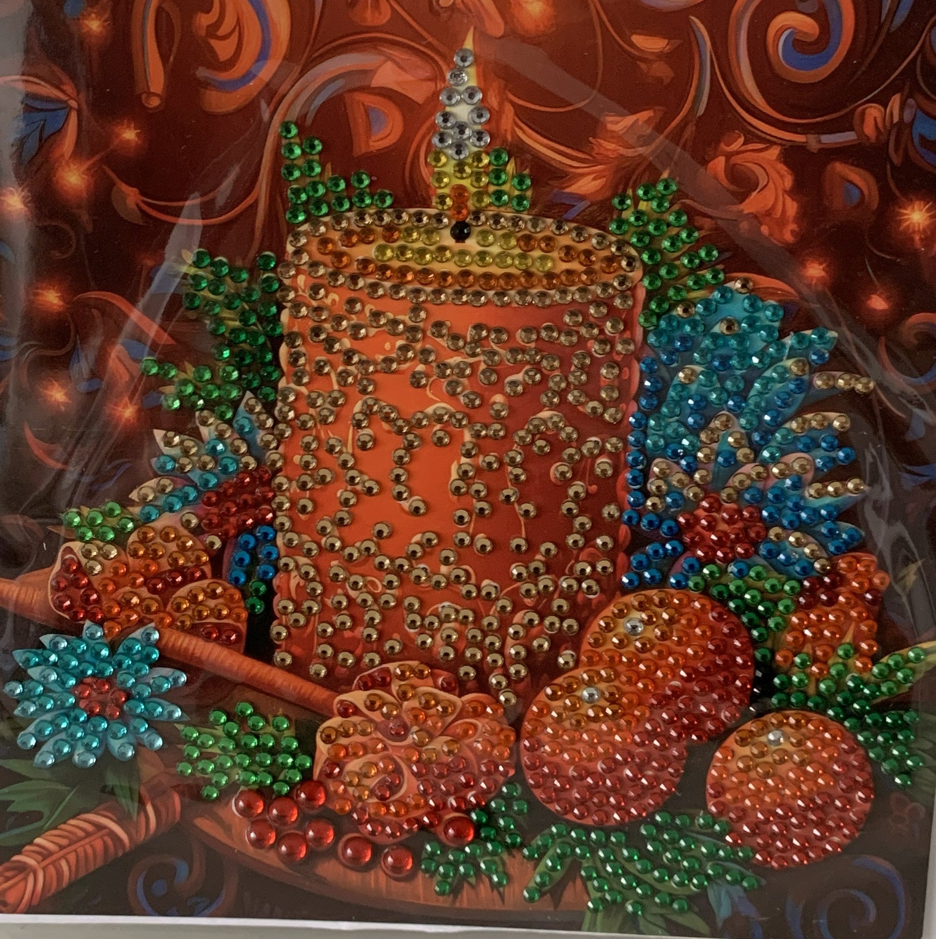Orange Pillar Candle Pine Cone Teal Flower Crystal Art Card