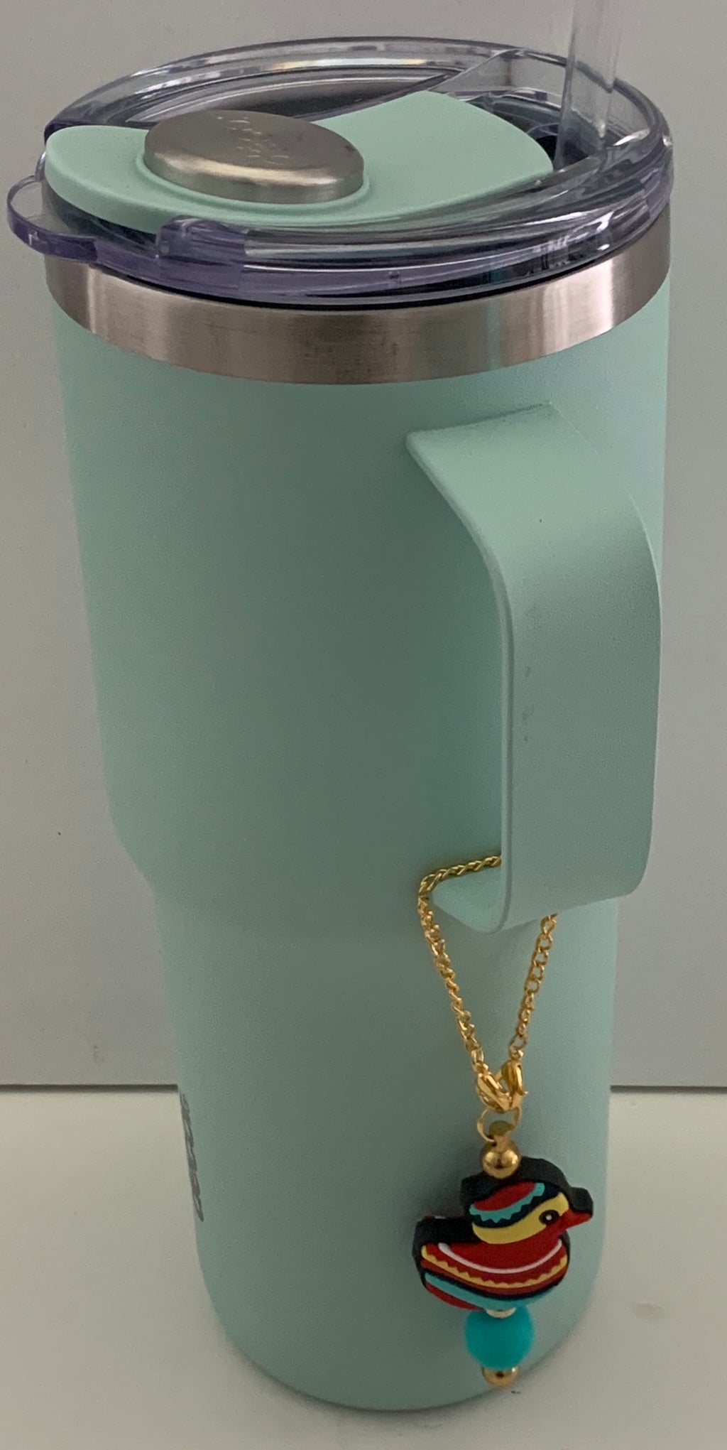 Cup Charm – Folk Art Rubber Duck & Turquoise Bead on Gold Chain