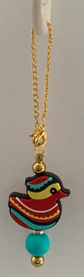 Cup Charm – Folk Art Rubber Duck & Turquoise Bead on Gold Chain