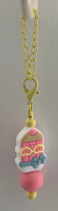 Cup Charm – Kawaii Pencil Character & Pink Bead on Gold Chain