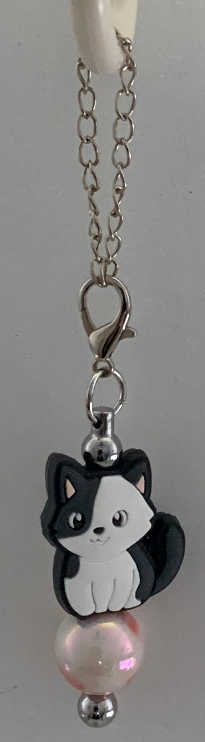Cup Charm – Kawaii Black & White Cat & Pink Pearl on Silver Chain
