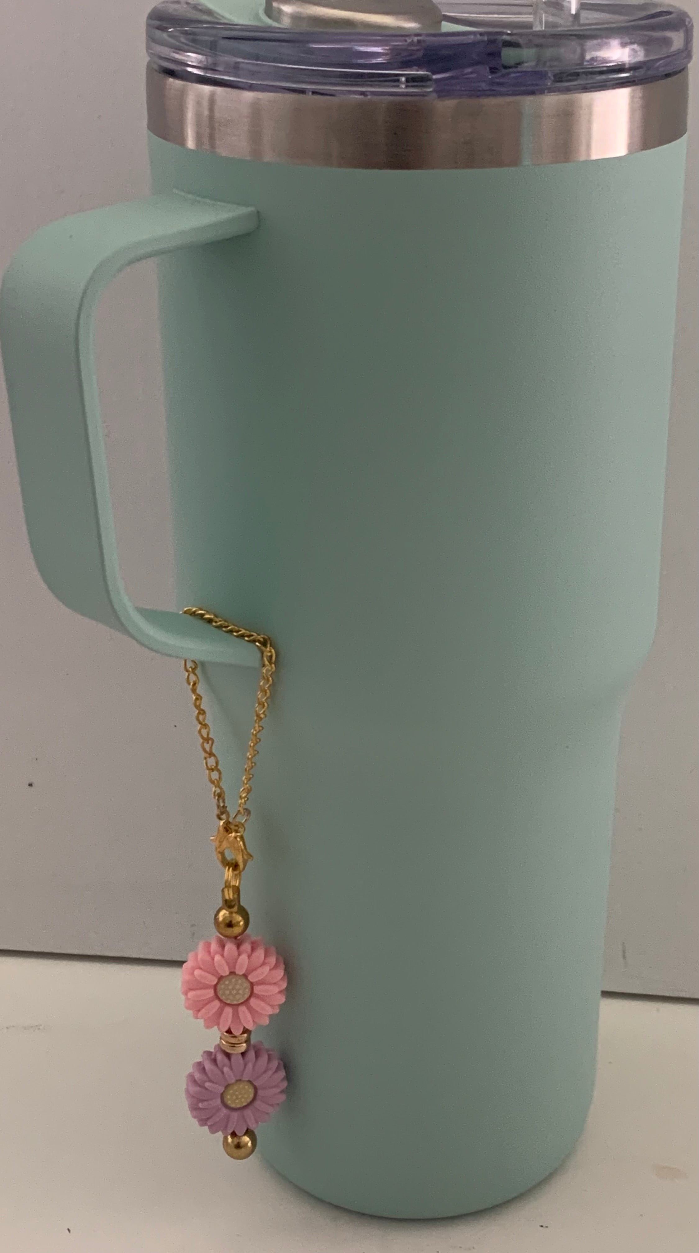 Cup Charm – Pink & Lilac Daisy Flowers on Gold Chain
