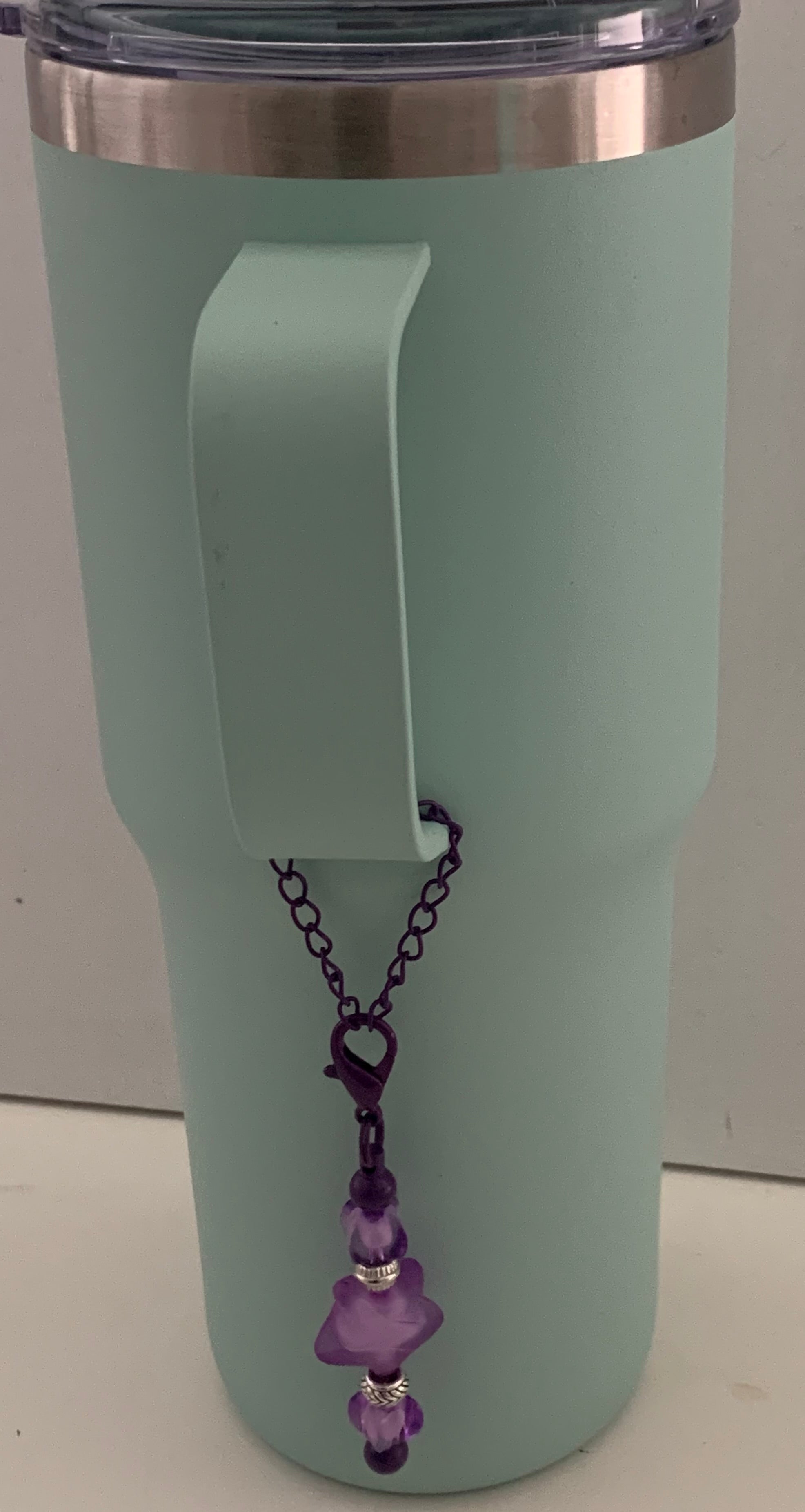 Cup Charm – Frosted Purple Star & Amethyst Beads on Matte Black Chain