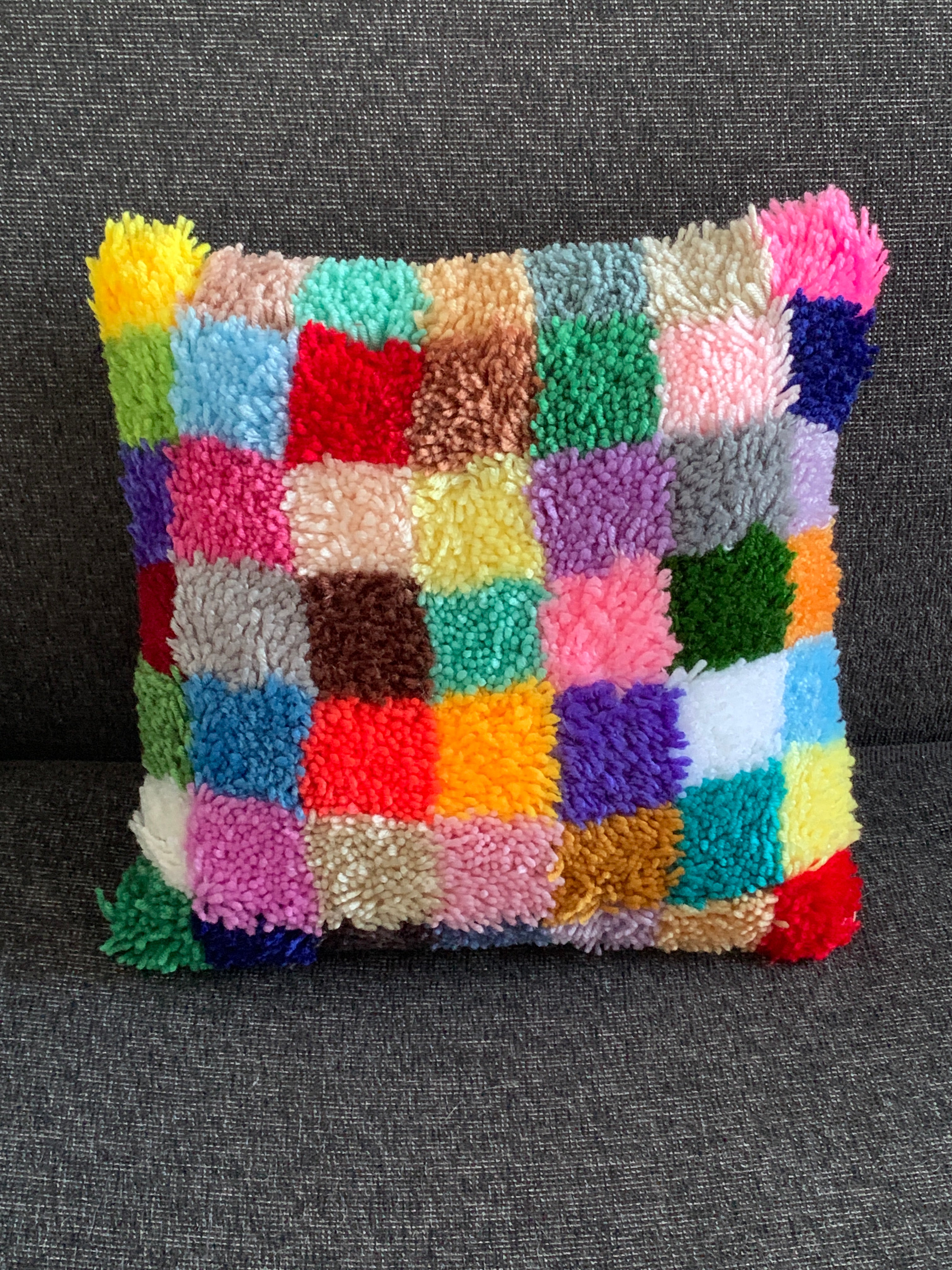 Latch Hook Cushion Cover – Rainbow Patchwork
