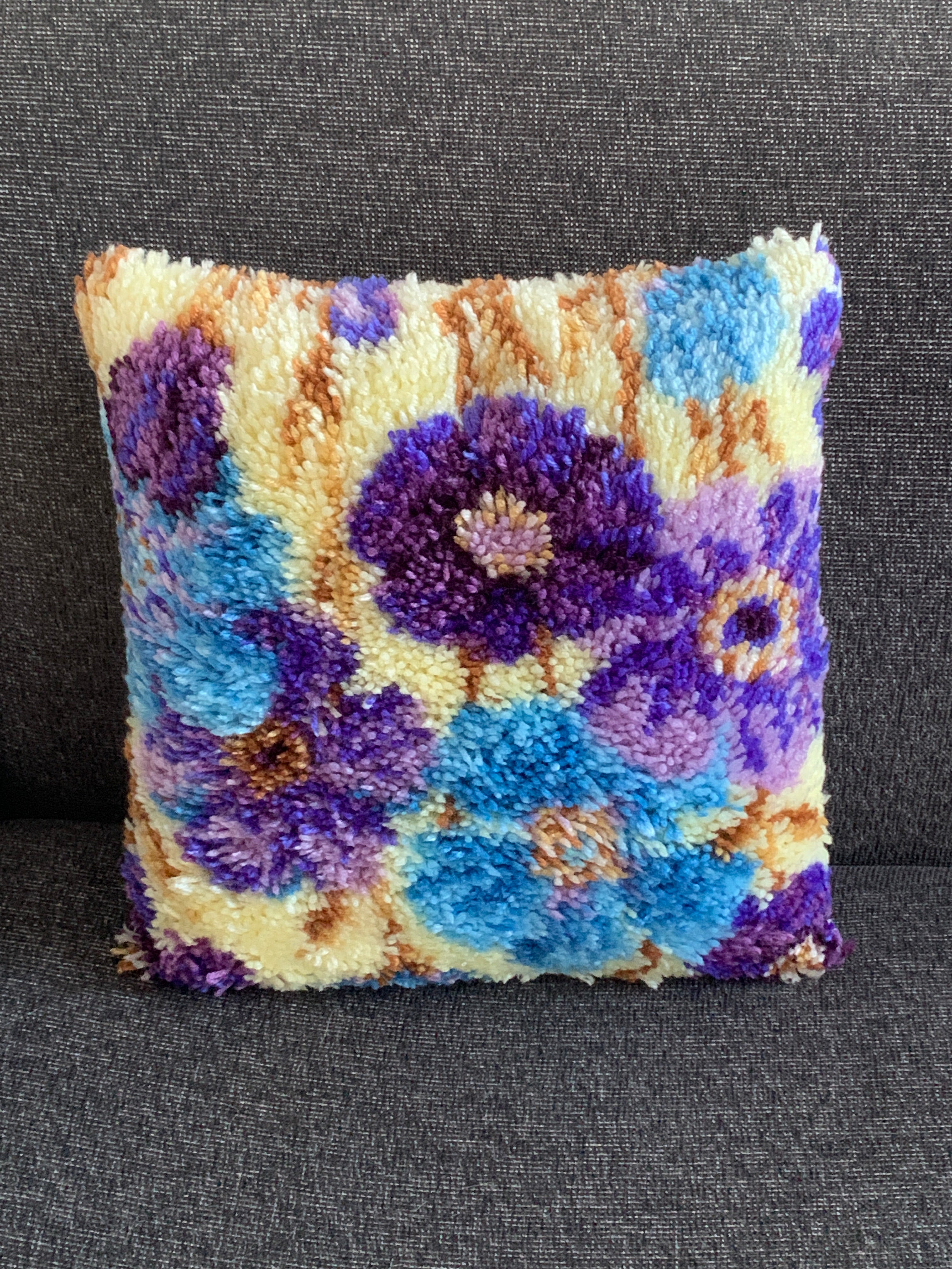 Latch Hook Cushion Cover – Purple & Blue Floral