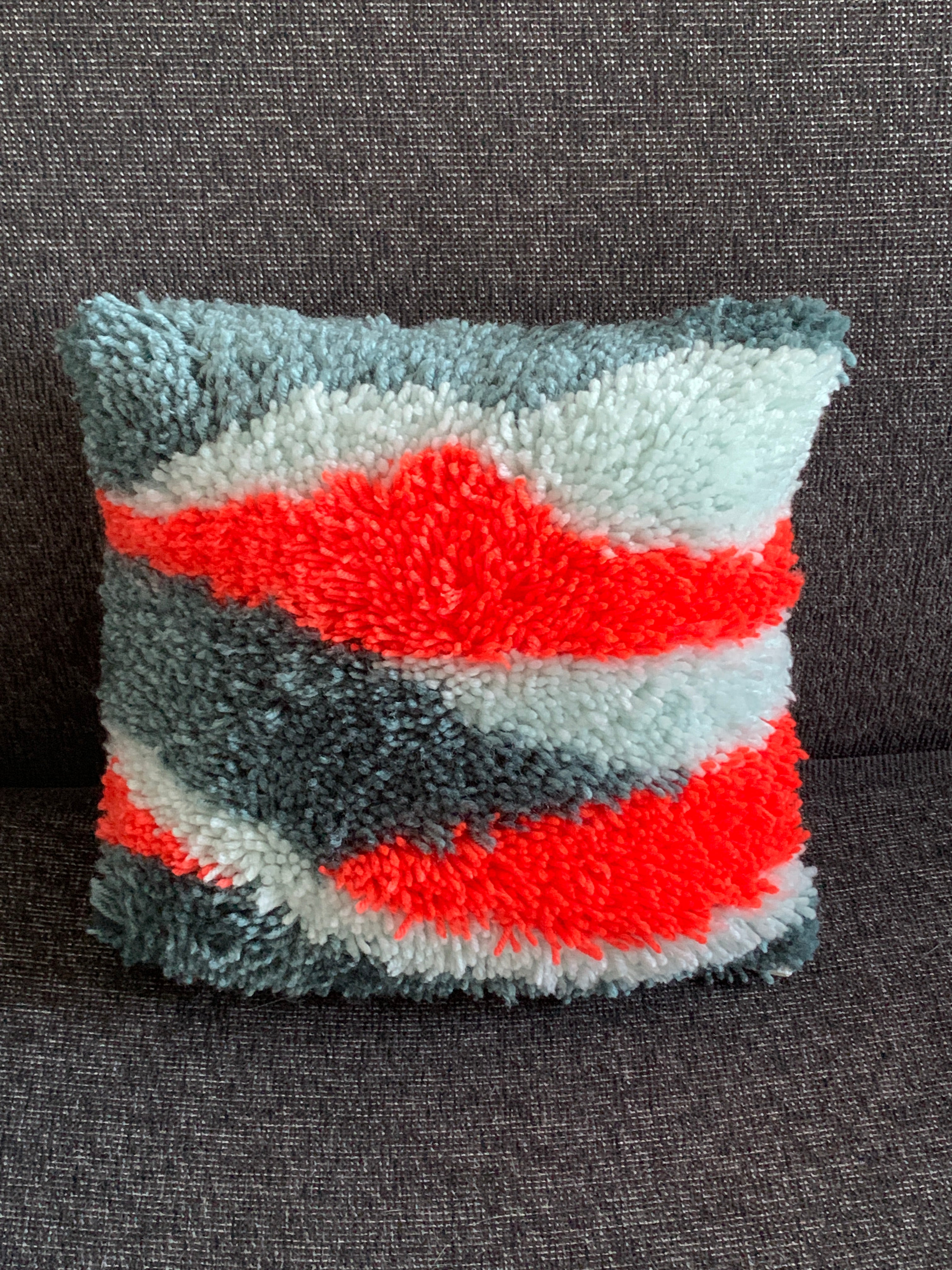 Latch Hook Cushion Cover – Red & Grey Chevron