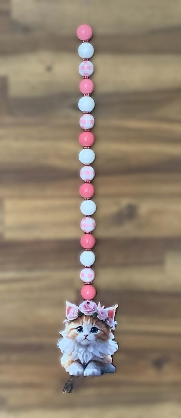 Window Dangly - Floral Kitten Coral Pink White Beads